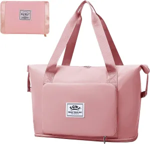 Expandable Travel Duffel Tote Bag - Foldable Overnight Weekender, Carry-On, Swim & Gym Bag - Fits Spirit Airlines Personal Item Size - Lightweight, Waterproof & Durable with Trolley Sleeve, Light Pink