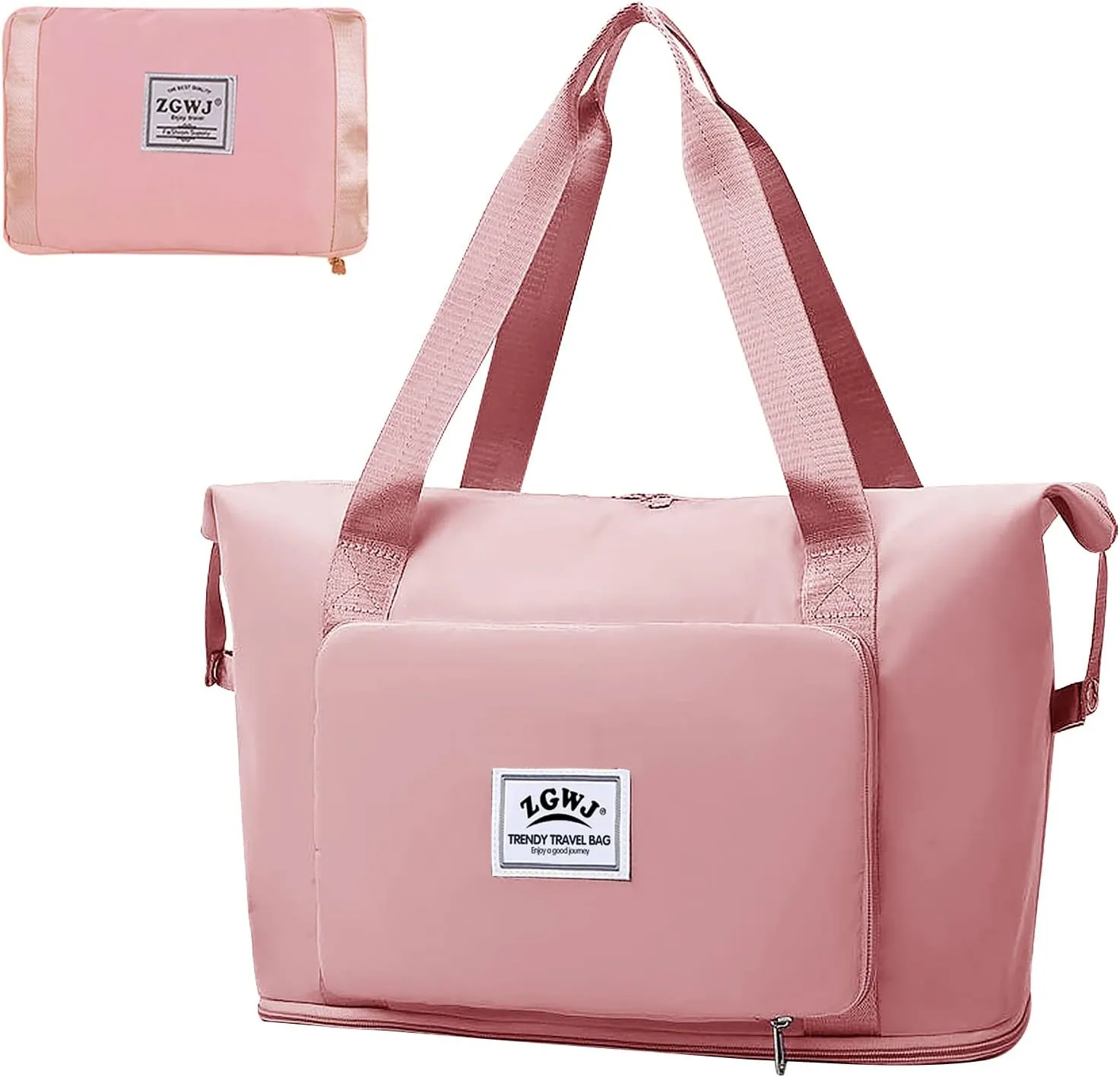 Expandable Travel Duffel Tote Bag - Foldable Overnight Weekender, Carry-On, Swim & Gym Bag - Fits Spirit Airlines Personal Item Size - Lightweight, Waterproof & Durable with Trolley Sleeve, Light Pink