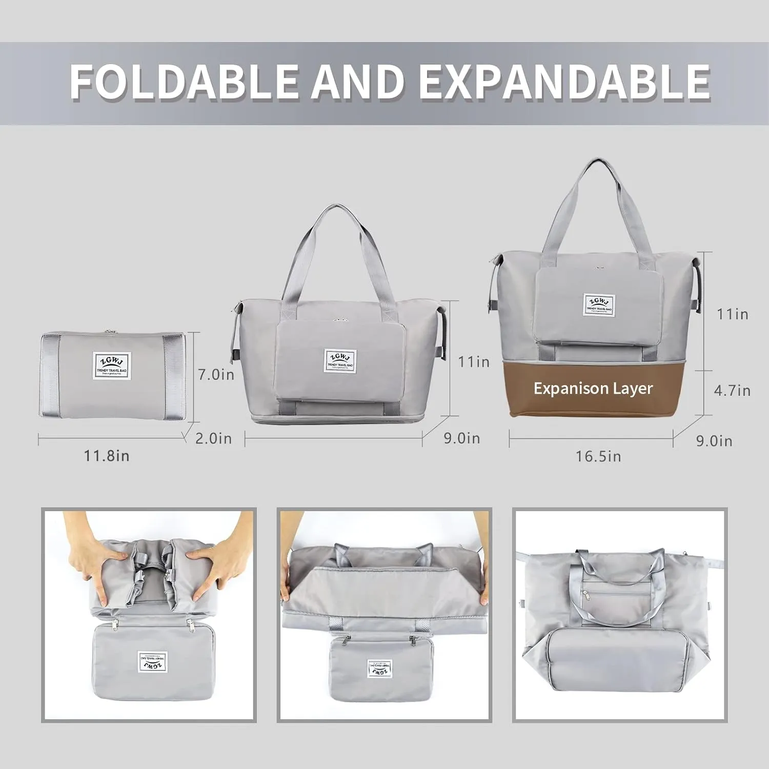 Expandable Travel Duffel Tote Bag - Foldable Overnight Weekender, Carry-On, Swim & Gym Bag - Fits Spirit Airlines Personal Item Size - Lightweight, Waterproof & Durable with Trolley Sleeve,Grey