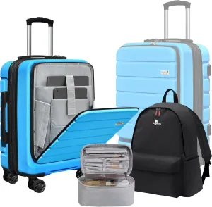 Explorer 20 inch Carry-On Luggage Set with TSA Lock, Lightweight Hardside Suitcase with Spinner Wheels, Expandable Checked Luggage with Front Pocket, Bonus Travel Backpack & Cosmetic Makeup Bag, Blue