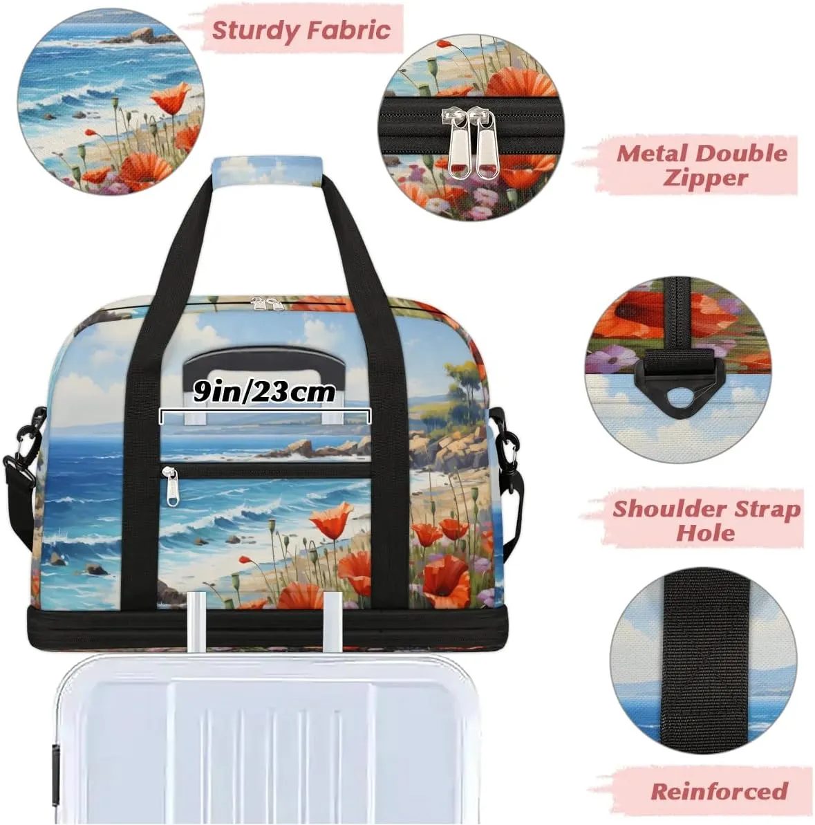 Exquisite Radiant Prints Flower Travel Duffle Bag, Collapsible Travel Bag Sports Gym Bag With Shoes Compartment Weekender Bag Overnight Bag For Women Men
