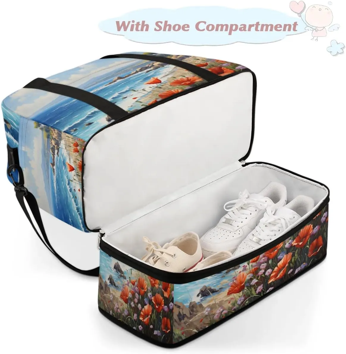 Exquisite Radiant Prints Flower Travel Duffle Bag, Collapsible Travel Bag Sports Gym Bag With Shoes Compartment Weekender Bag Overnight Bag For Women Men