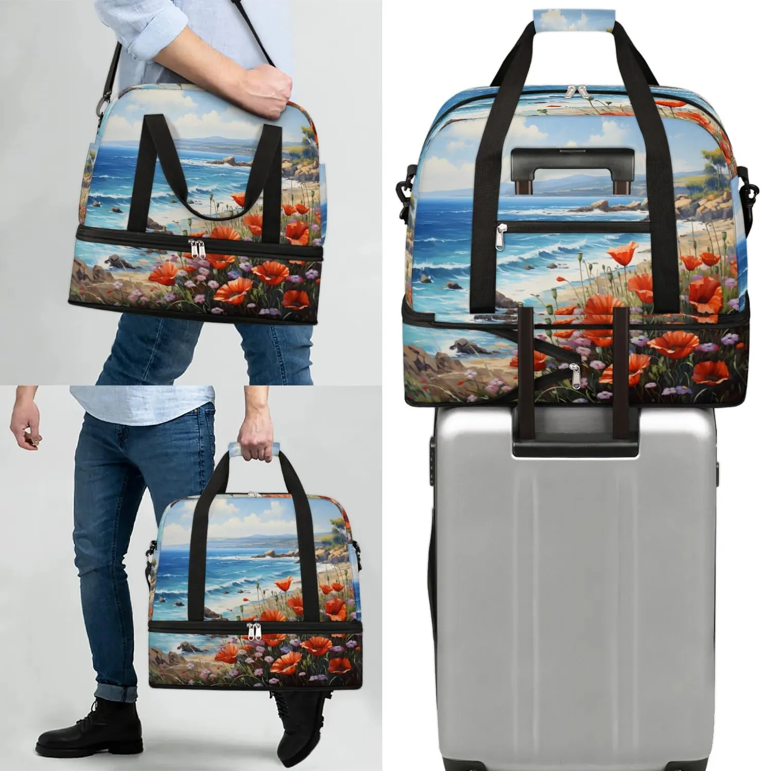 Exquisite Radiant Prints Flower Travel Duffle Bag, Collapsible Travel Bag Sports Gym Bag With Shoes Compartment Weekender Bag Overnight Bag For Women Men