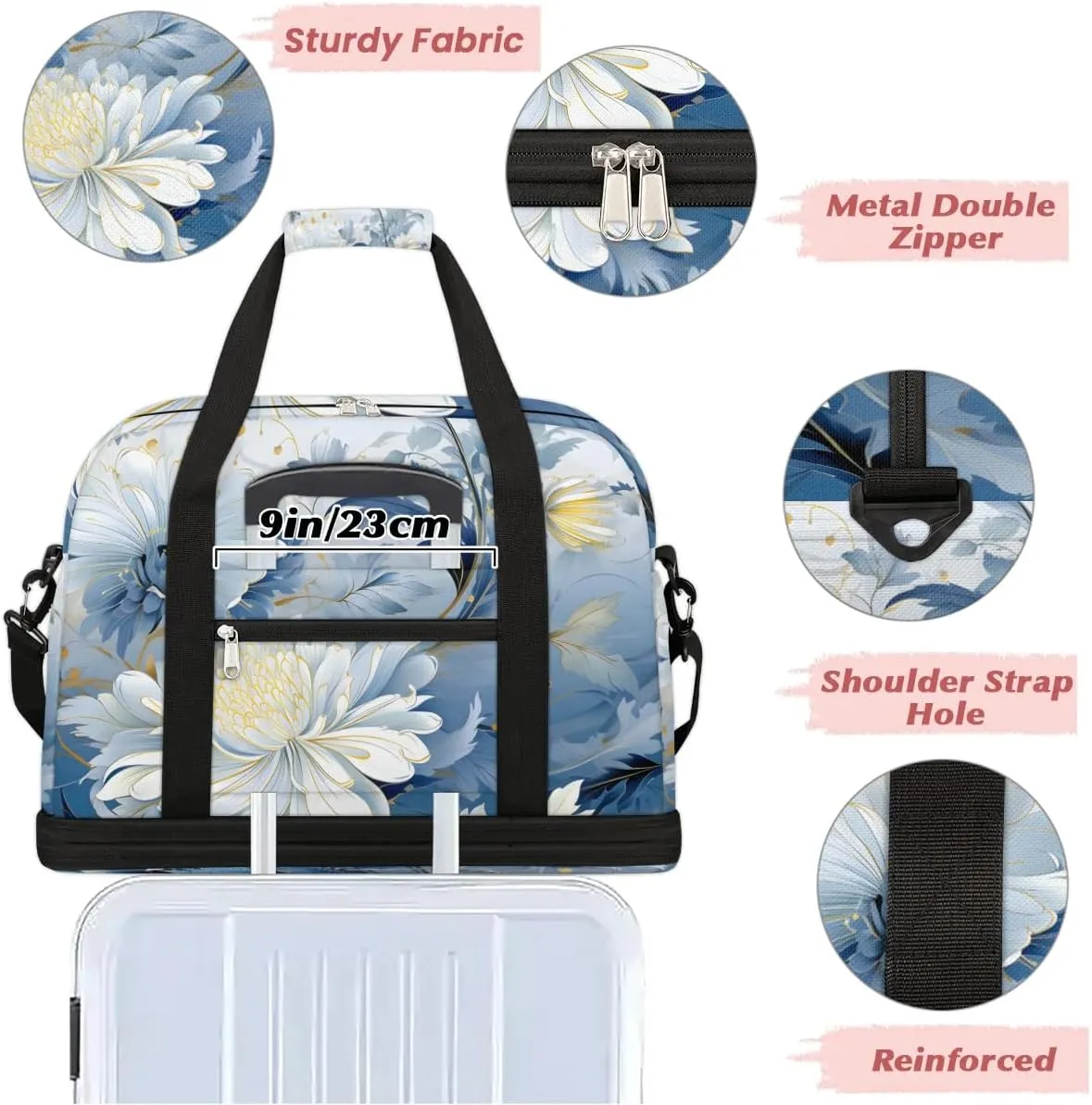 Exquisite Vivid Flora Printings Travel Duffle Bag, Collapsible Travel Bag Sports Gym Bag With Shoes Compartment Weekender Bag Overnight Bag For Women Men