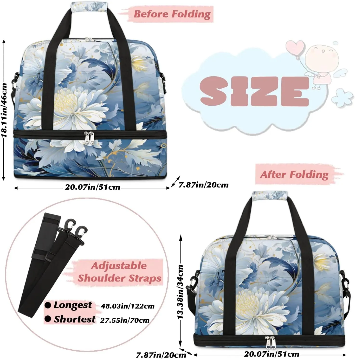 Exquisite Vivid Flora Printings Travel Duffle Bag, Collapsible Travel Bag Sports Gym Bag With Shoes Compartment Weekender Bag Overnight Bag For Women Men