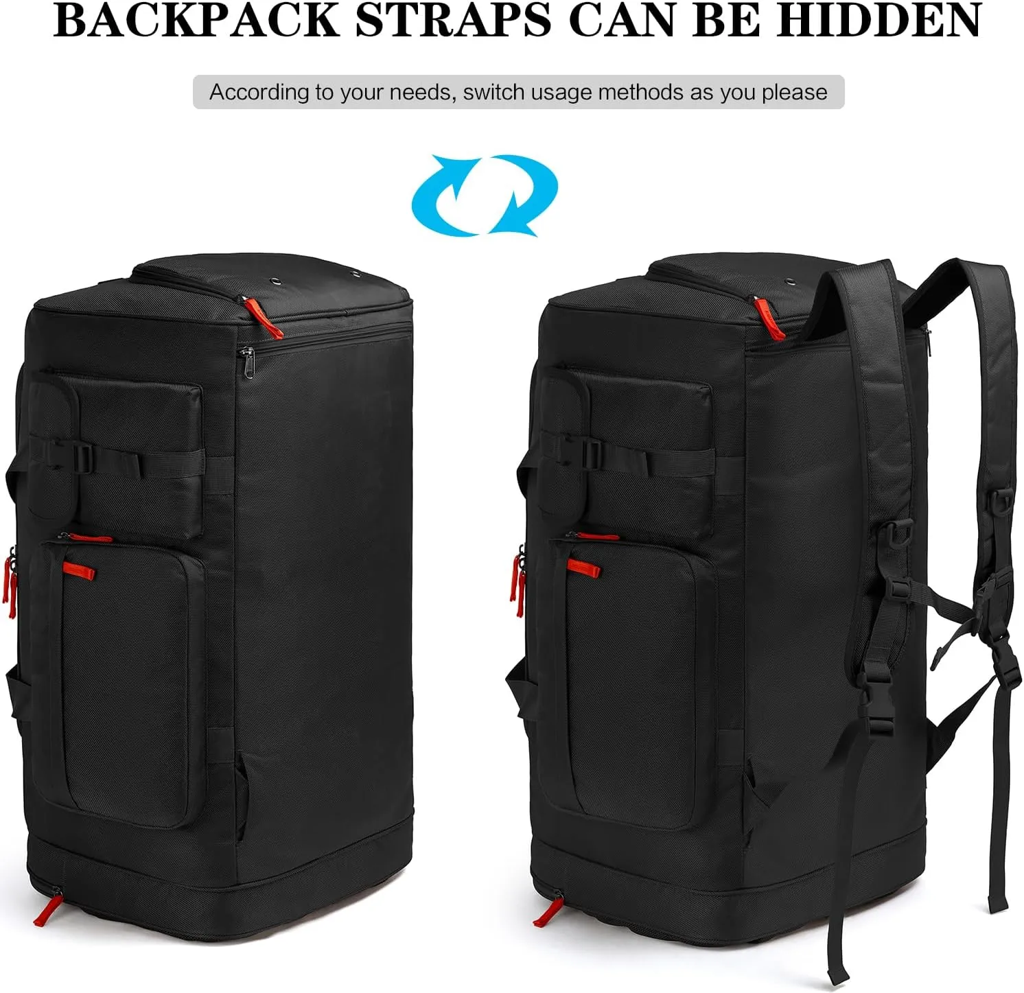 Extra Large Gym Bag Backpack with Shoes Compartment, 70L Heavy Duty Sports Duffle Bag for Men & Women, Workout Duffel Bag, Weekender Overnight Backpack for Travel Camping, Black