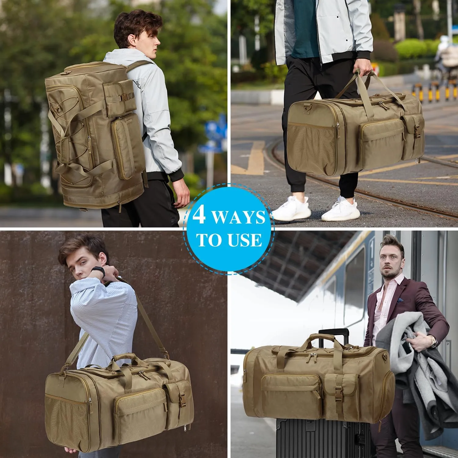 Extra Large Gym Bag Backpack with Shoes Compartment, 70L Heavy Duty Sports Duffle Bag for Men & Women, Workout Duffel Bag, Weekender Overnight Backpack for Travel Camping, Brown