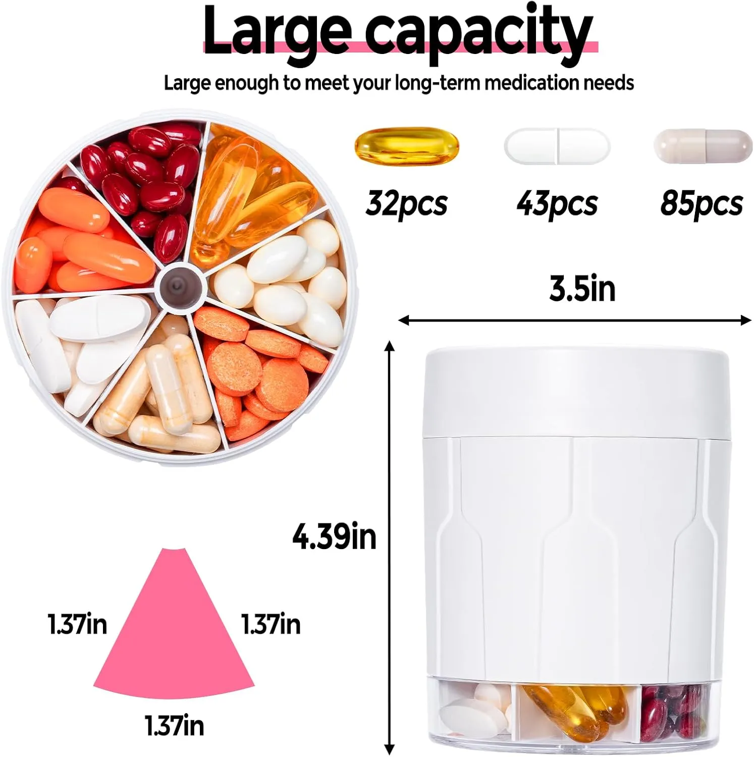 Extra Large Supplement Organizer,Betife Daily Weekly Pill Organizer Bottle, Pill Dispenser with 7 Large Compartments, Organizer to Hold 7 Day Vitamin Medication,21 Labels and a Cleaning Brush（White）