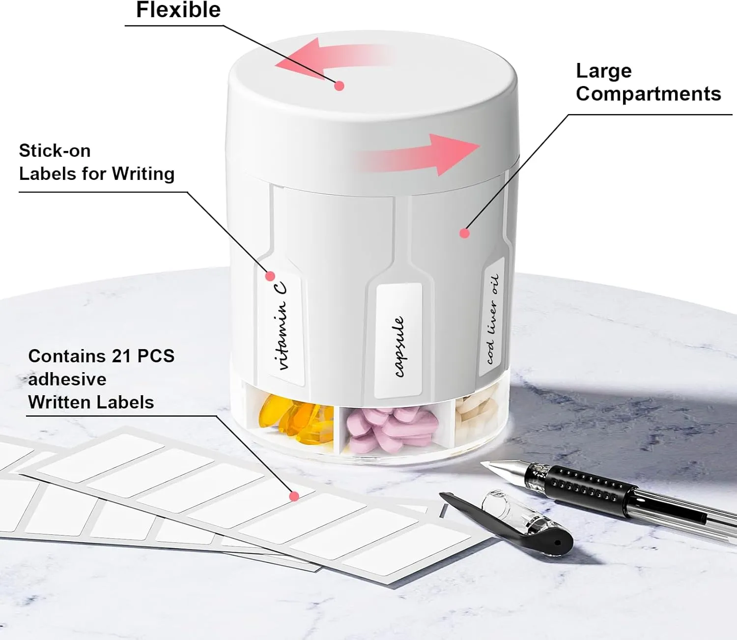 Extra Large Supplement Organizer,Betife Daily Weekly Pill Organizer Bottle, Pill Dispenser with 7 Large Compartments, Organizer to Hold 7 Day Vitamin Medication,21 Labels and a Cleaning Brush（White）