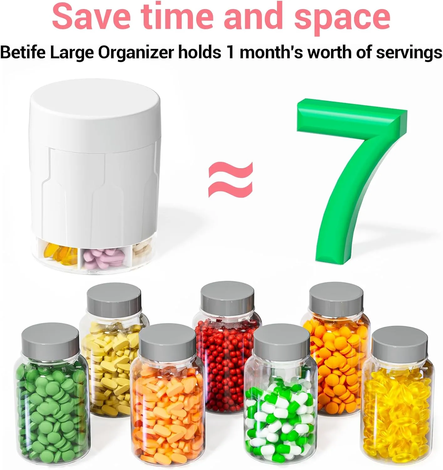 Extra Large Supplement Organizer,Betife Daily Weekly Pill Organizer Bottle, Pill Dispenser with 7 Large Compartments, Organizer to Hold 7 Day Vitamin Medication,21 Labels and a Cleaning Brush（White）