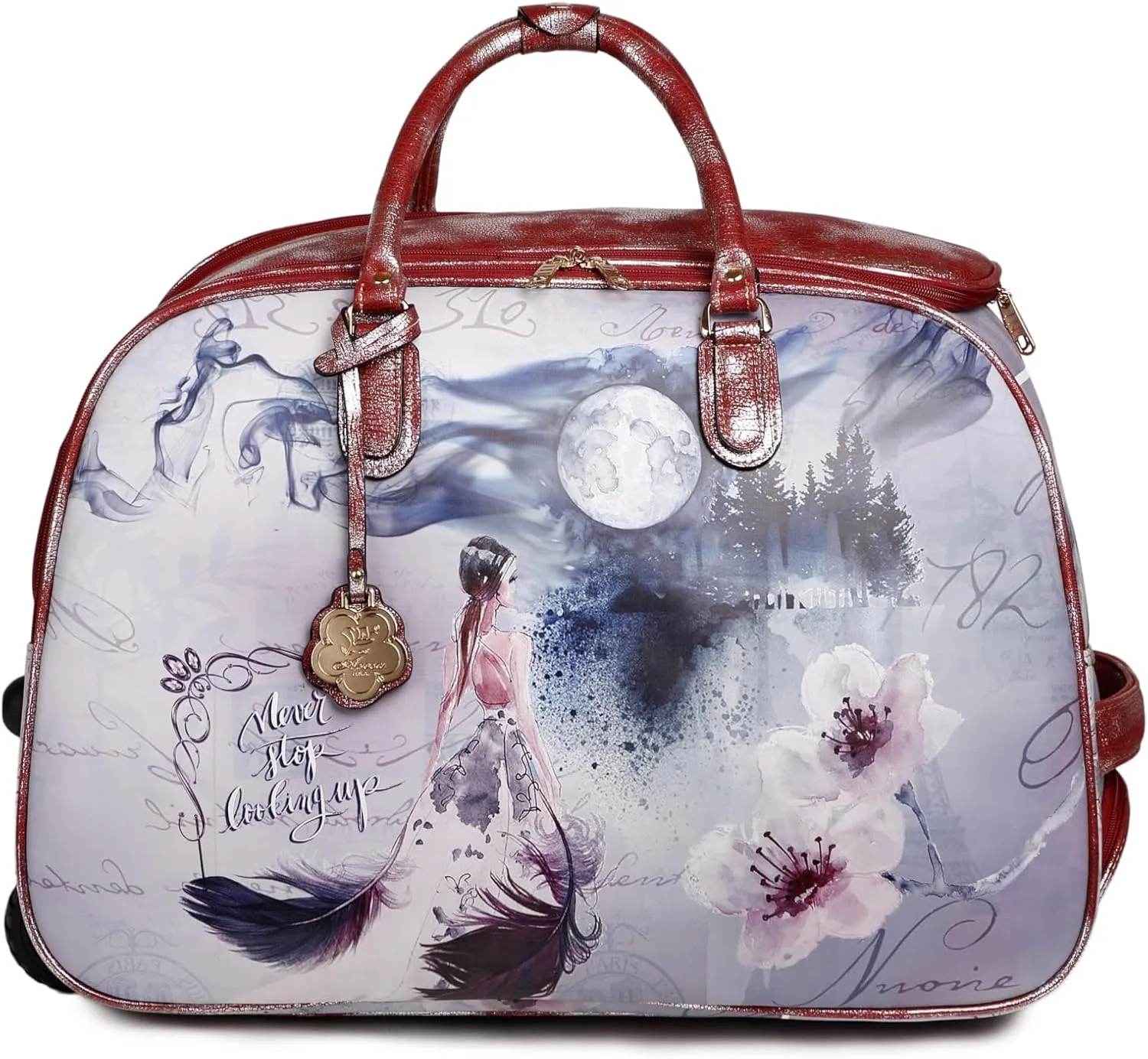 Fairy Tale Leather Travel Duffle Bag with Wheel - Women's Rolling Overnight Luggage Tote with Artistic Design (Burgundy)