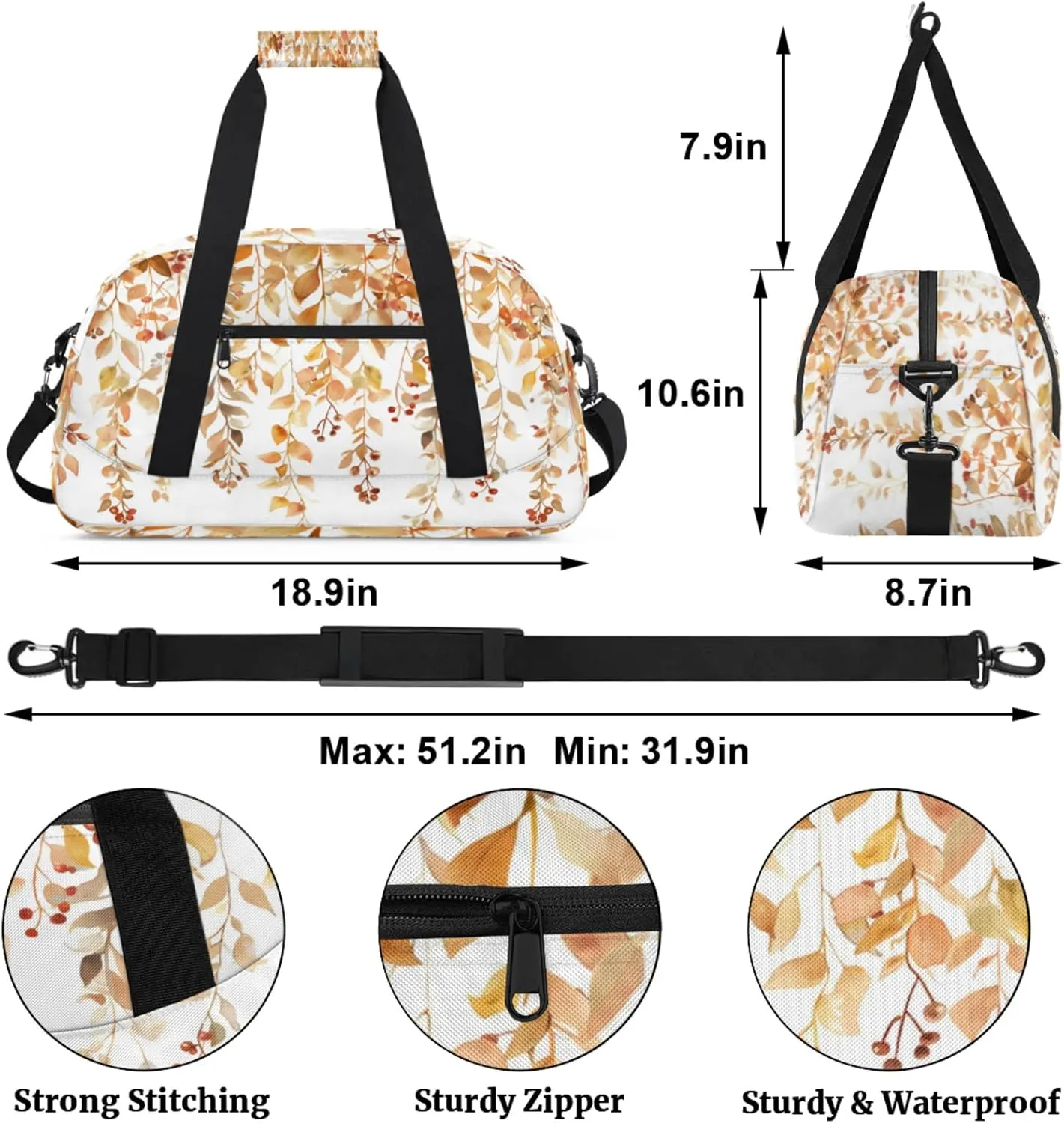 Fall Leaves Autumn Gym Bag for Women Men, Sports Travel Duffel Bag Lightweight Workout Bag Carry On Overnight Weekender Bag