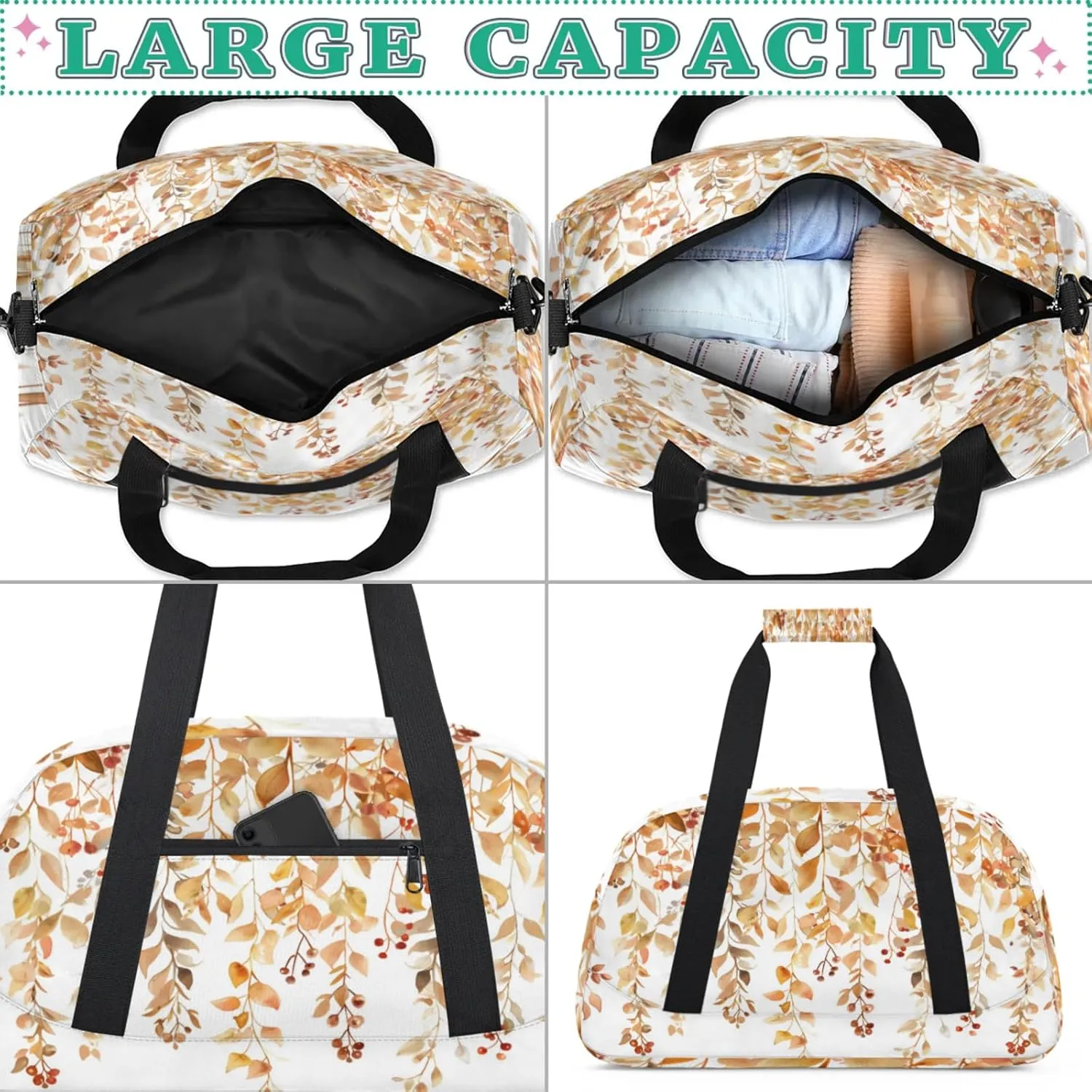 Fall Leaves Autumn Gym Bag for Women Men, Sports Travel Duffel Bag Lightweight Workout Bag Carry On Overnight Weekender Bag