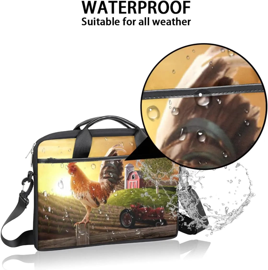 Farmhouse Rooster Farmland Laptop Shoulder Messenger Bag Waterproof Laptop Briefcase with Handle and Padded Strap Case Sleeve