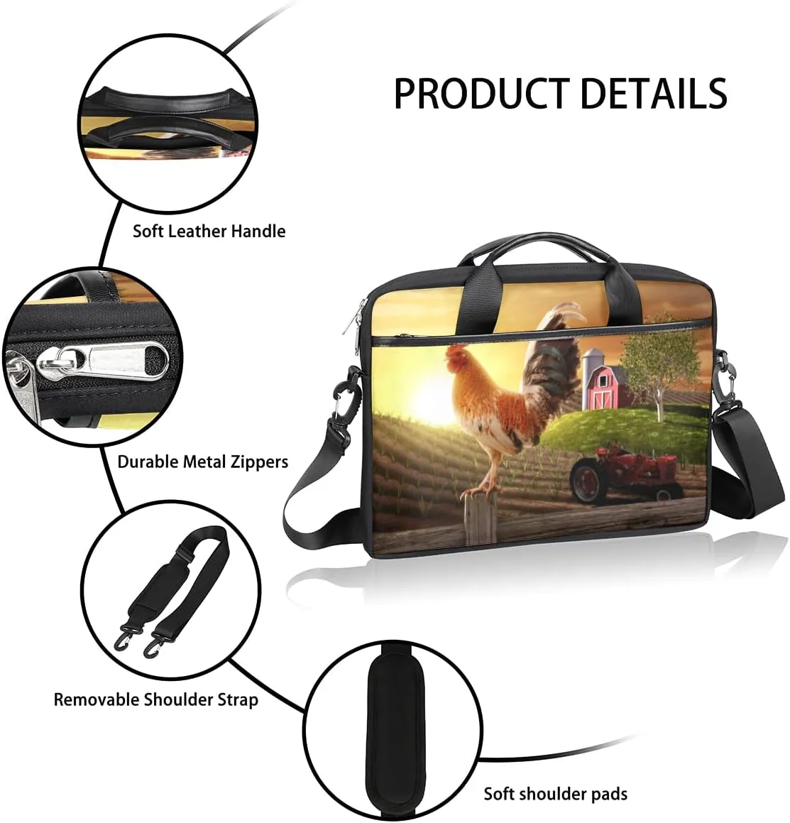 Farmhouse Rooster Farmland Laptop Shoulder Messenger Bag Waterproof Laptop Briefcase with Handle and Padded Strap Case Sleeve