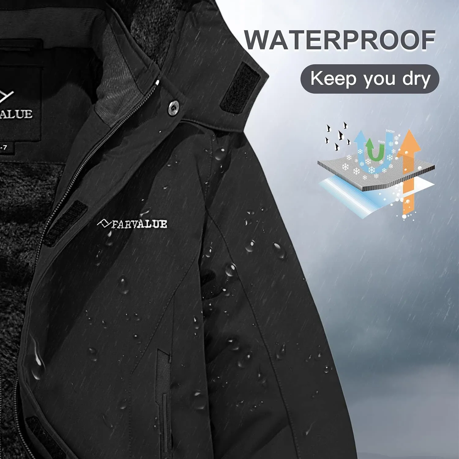 FARVALUE Boys Waterproof Ski Jacket Windproof Winter Coat Warm Snow Coat Outdoor Raincoats with Removable Hood