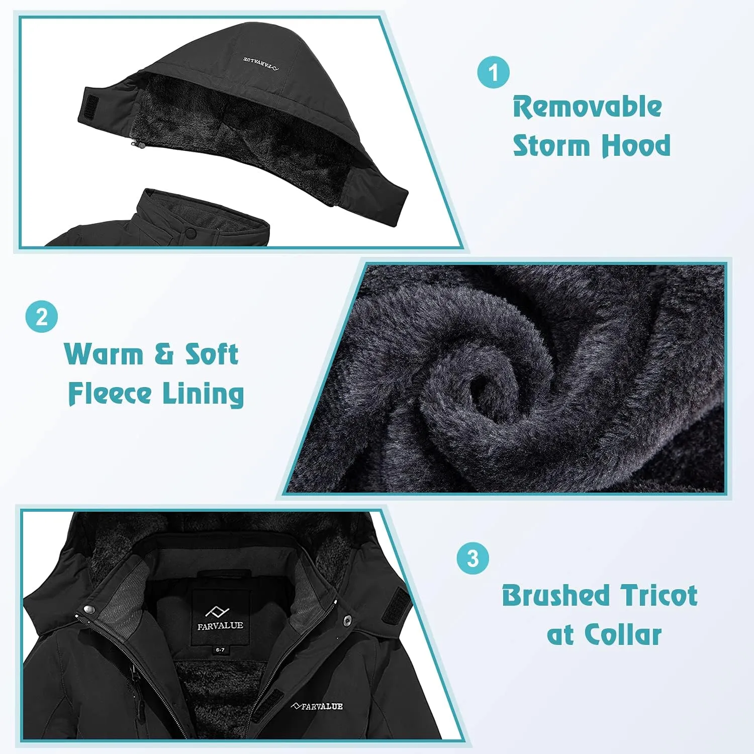 FARVALUE Boys Waterproof Ski Jacket Windproof Winter Coat Warm Snow Coat Outdoor Raincoats with Removable Hood