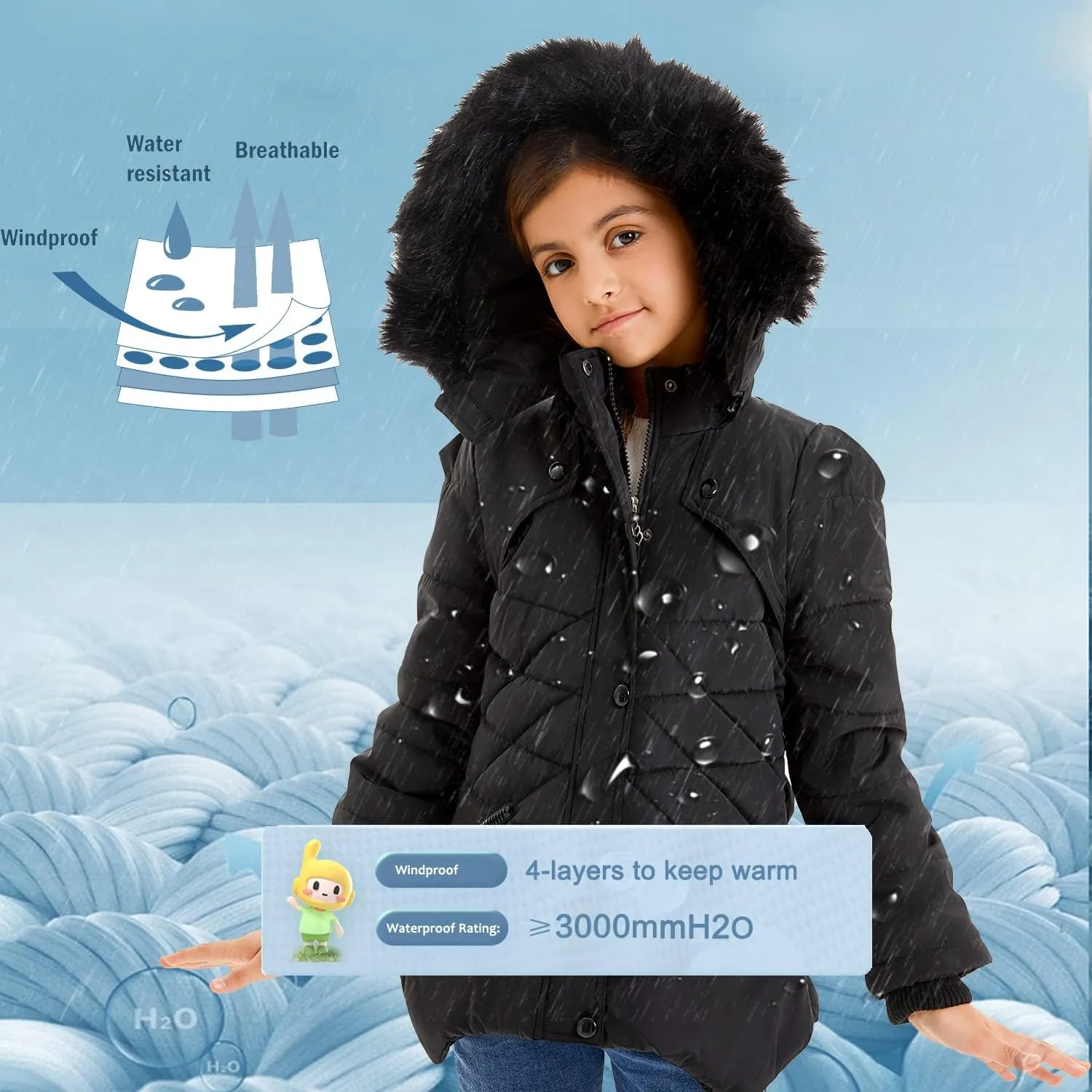 FARVALUE Girls' Winter Coats Fur Hooded Warm Puffer Jacket Coat for Girls