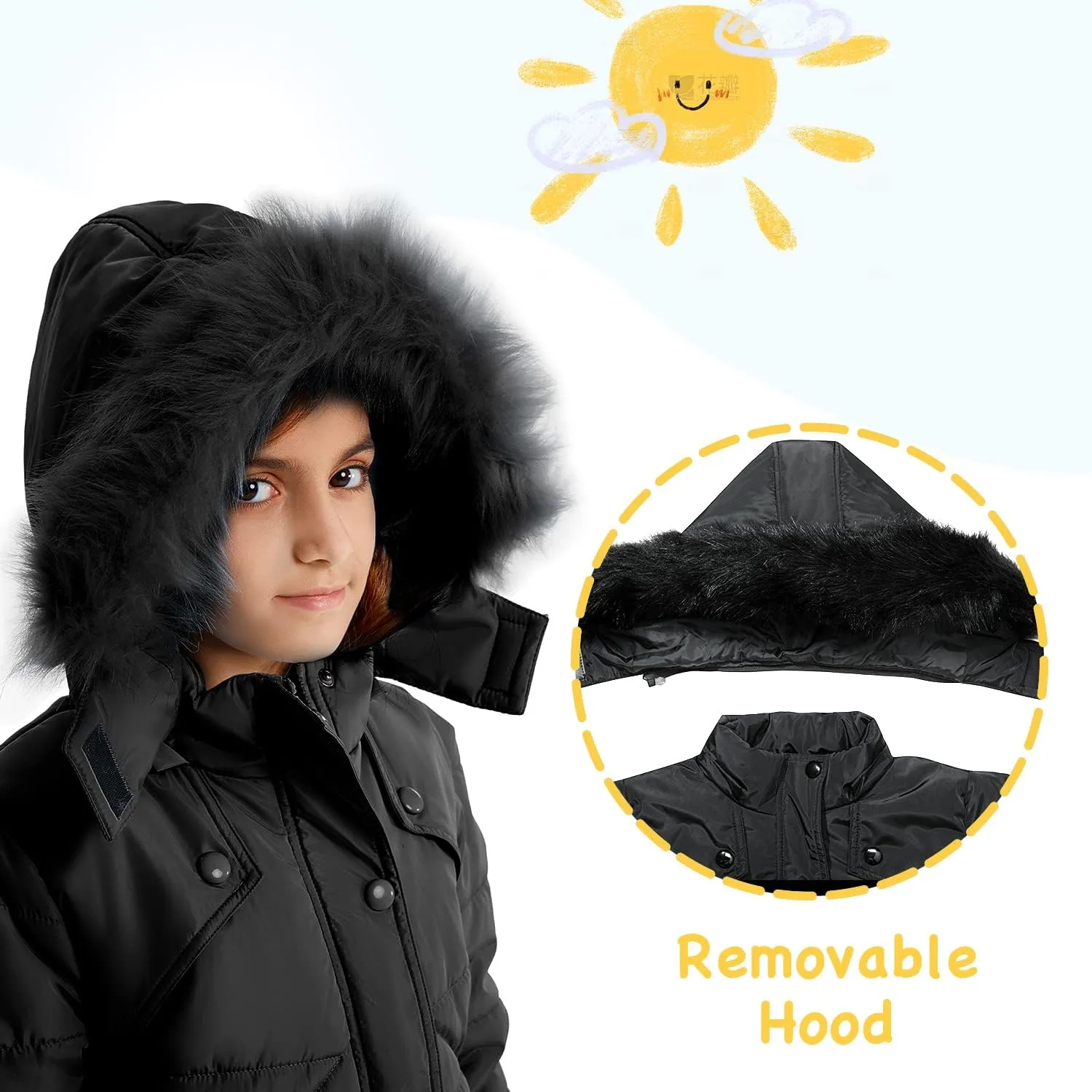 FARVALUE Girls' Winter Coats Fur Hooded Warm Puffer Jacket Coat for Girls