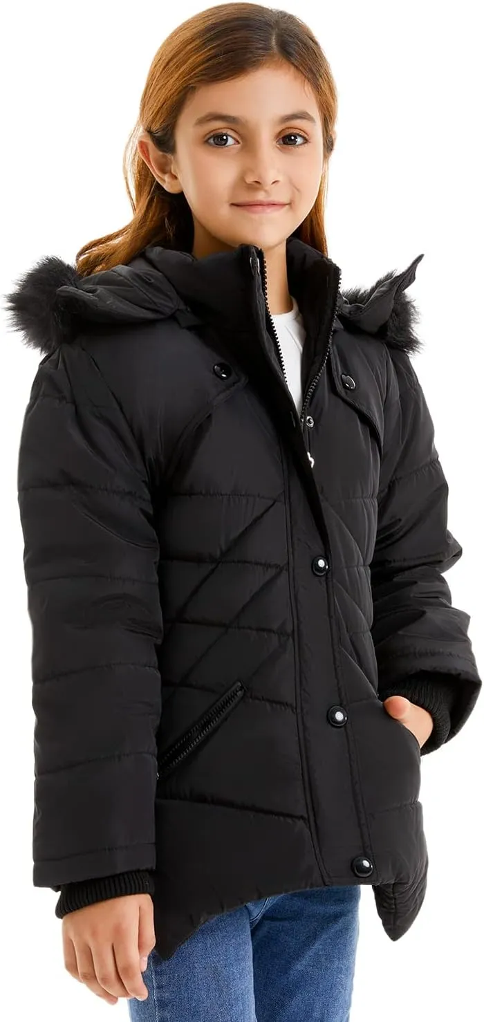 FARVALUE Girls' Winter Coats Fur Hooded Warm Puffer Jacket Coat for Girls