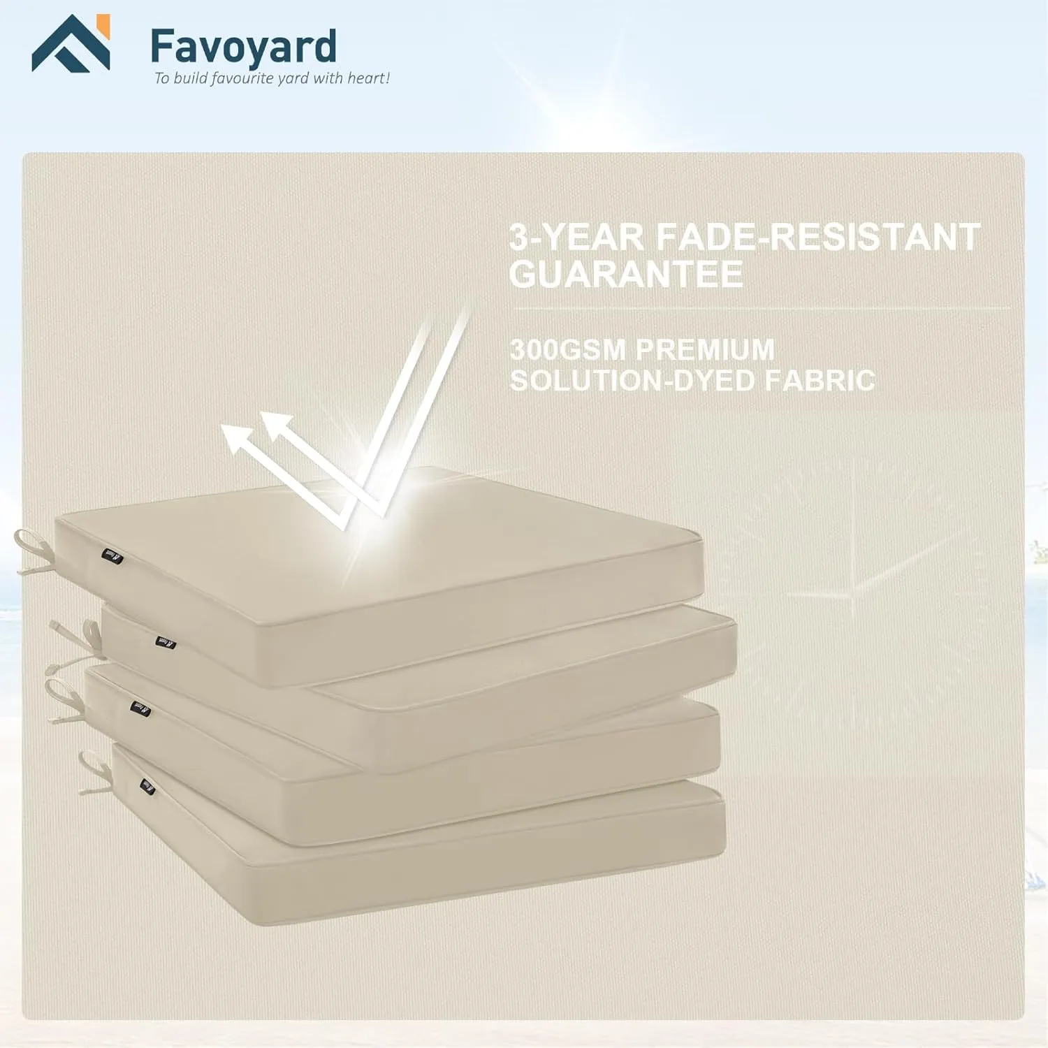 Favoyard Outdoor Chair Cushions 19"W x 19"D x 2"T Set of 4 Patio Chairs Cushions 3-Year Fade Resistant & Waterproof Cushions for Outdoor Furniture with Hidden Zipper, Attach Straps for Dining Chairs
