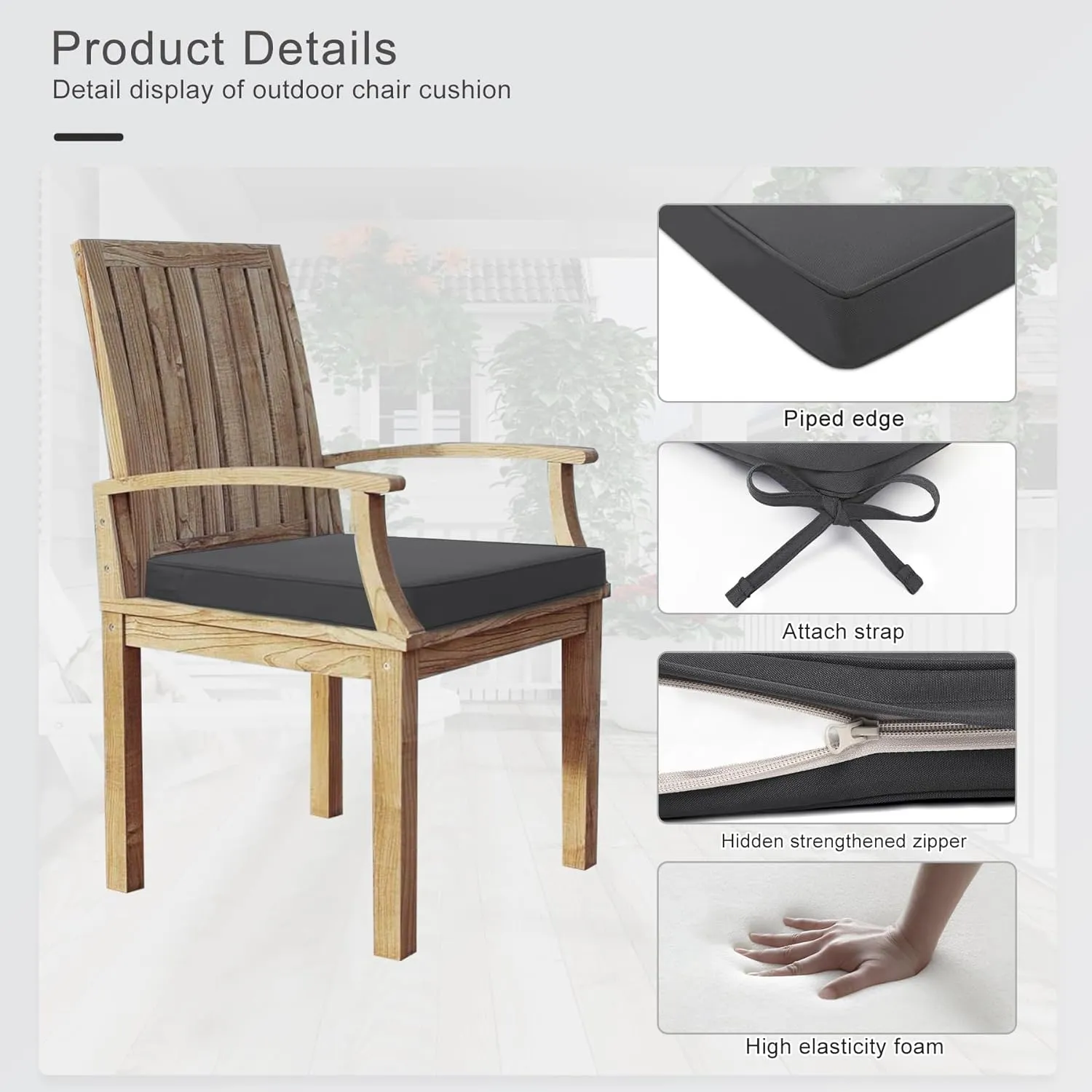 Favoyard Outdoor Chair Cushions 19"W x 19"D x 2"T Set of 4 Patio Chairs Cushions 3-Year Fade Resistant & Waterproof Cushions for Outdoor Furniture with Hidden Zipper, Attach Straps for Dining Chairs
