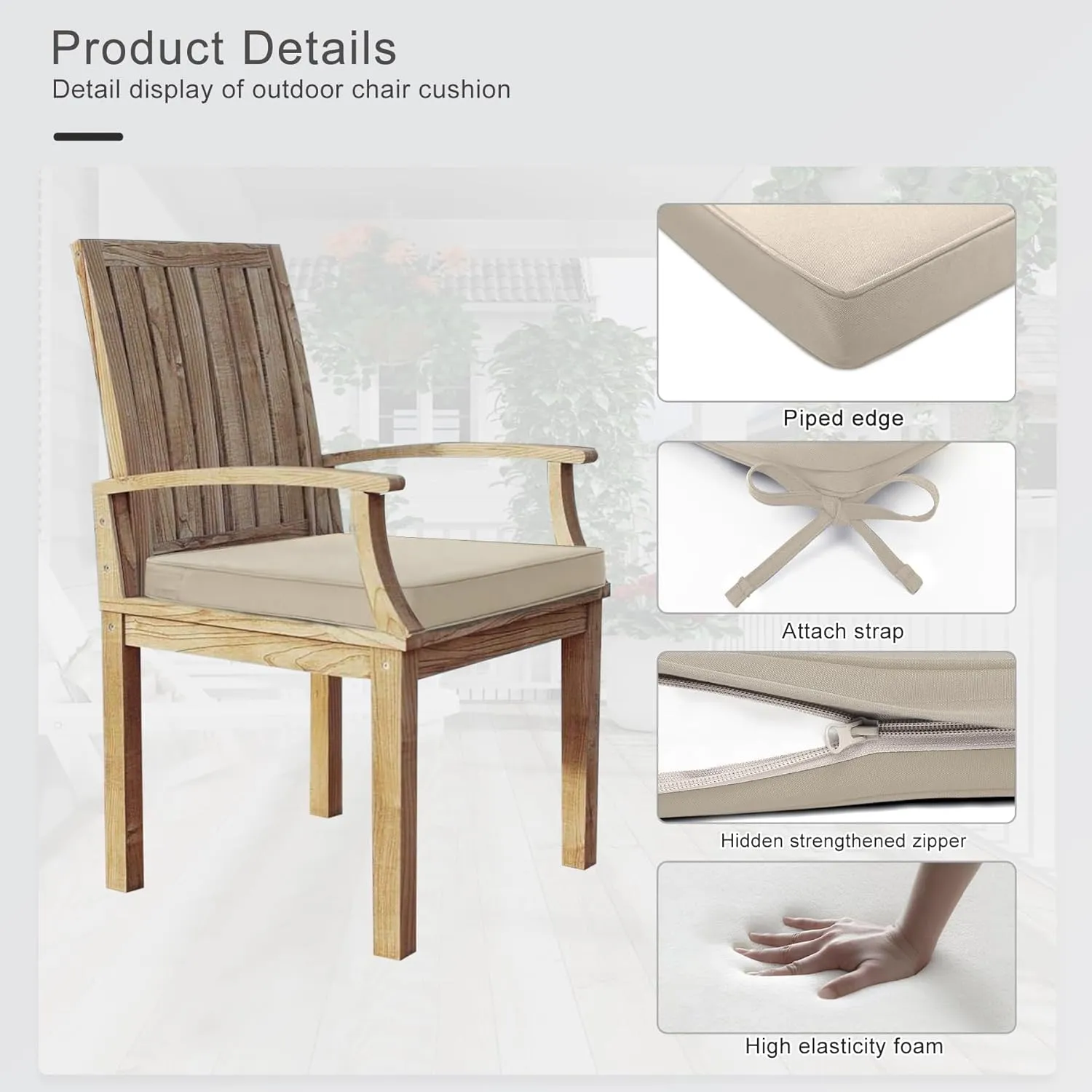 Favoyard Outdoor Chair Cushions 19"W x 19"D x 2"T Set of 4 Patio Chairs Cushions 3-Year Fade Resistant & Waterproof Cushions for Outdoor Furniture with Hidden Zipper, Attach Straps for Dining Chairs