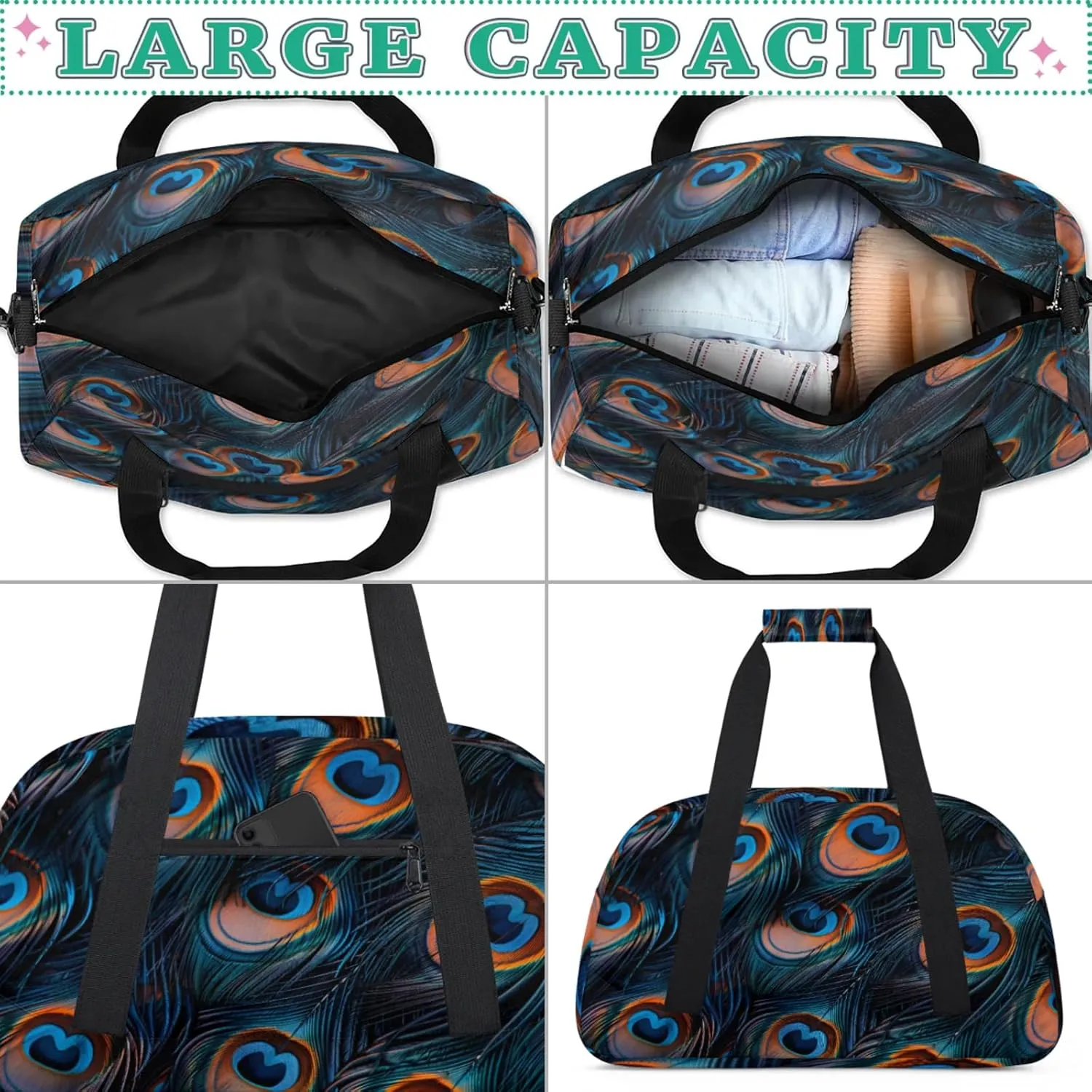 Feather Peacock Gym Bag for Women Men, Sports Travel Duffel Bag Lightweight Workout Bag Carry On Overnight Weekender Bag