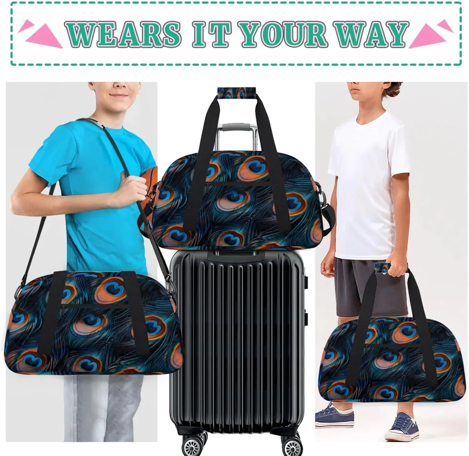 Feather Peacock Gym Bag for Women Men, Sports Travel Duffel Bag Lightweight Workout Bag Carry On Overnight Weekender Bag