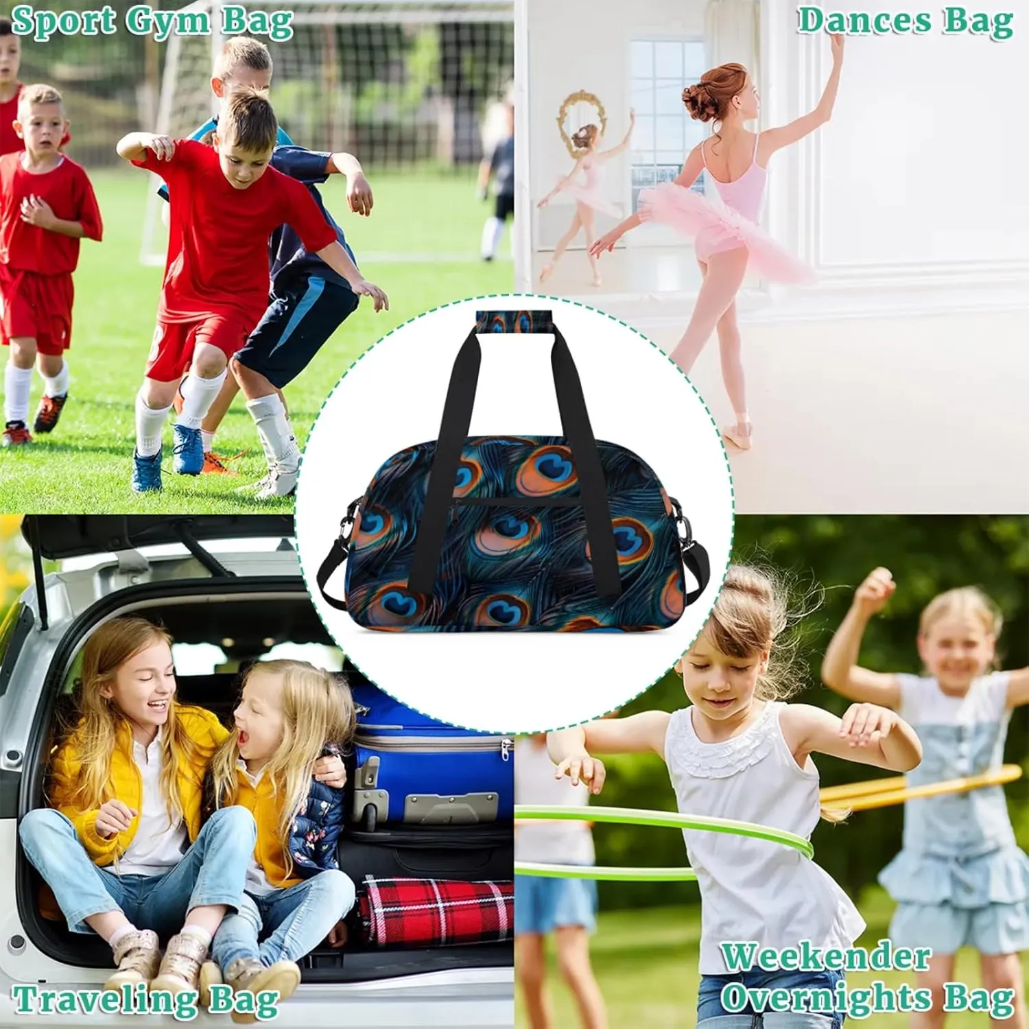 Feather Peacock Gym Bag for Women Men, Sports Travel Duffel Bag Lightweight Workout Bag Carry On Overnight Weekender Bag