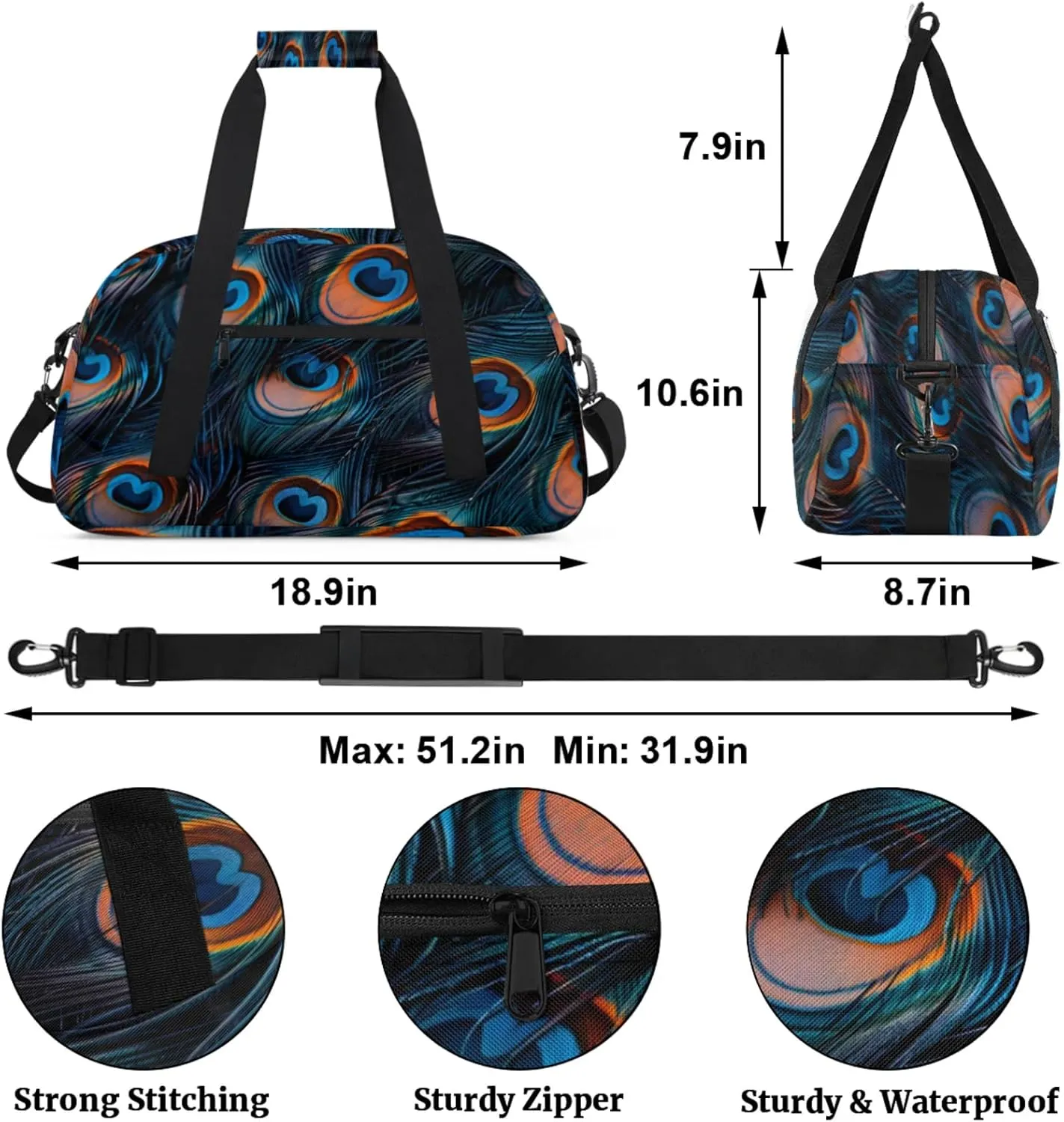 Feather Peacock Gym Bag for Women Men, Sports Travel Duffel Bag Lightweight Workout Bag Carry On Overnight Weekender Bag