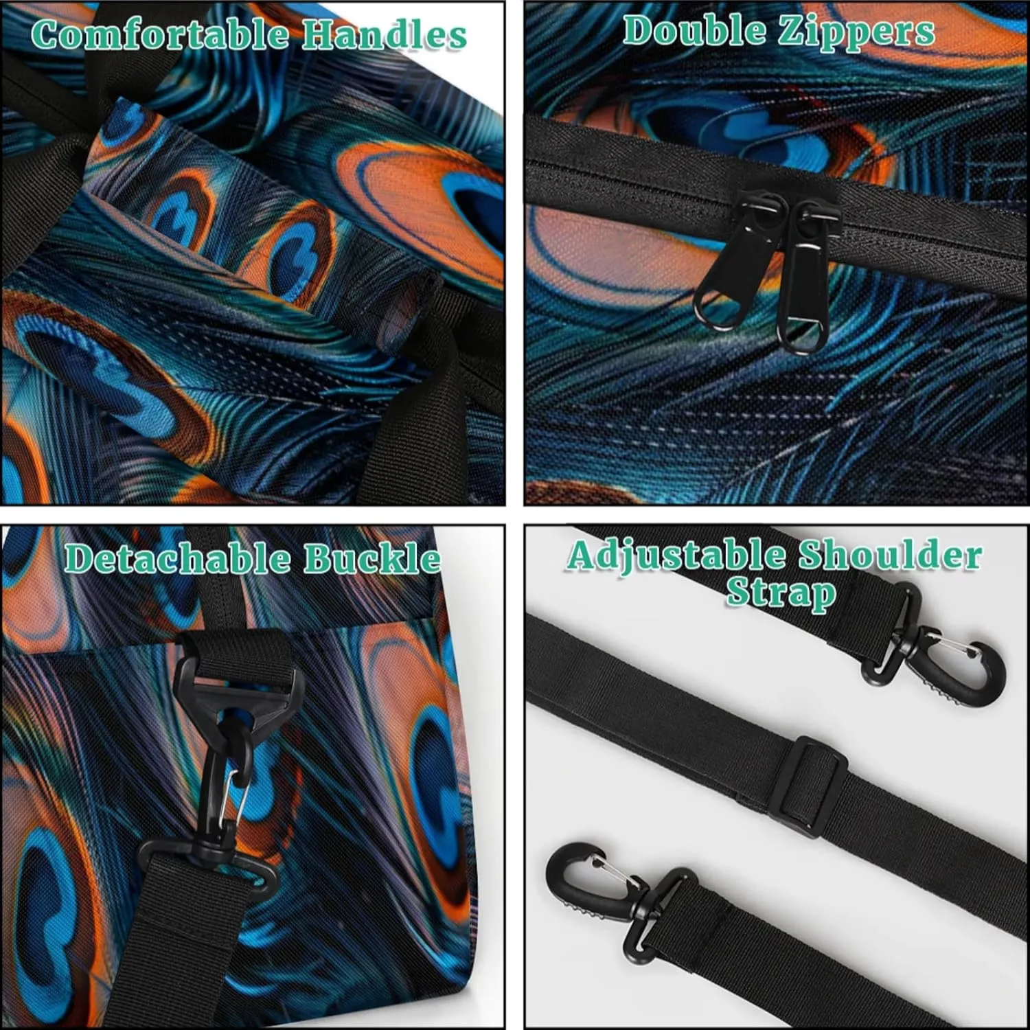 Feather Peacock Gym Bag for Women Men, Sports Travel Duffel Bag Lightweight Workout Bag Carry On Overnight Weekender Bag