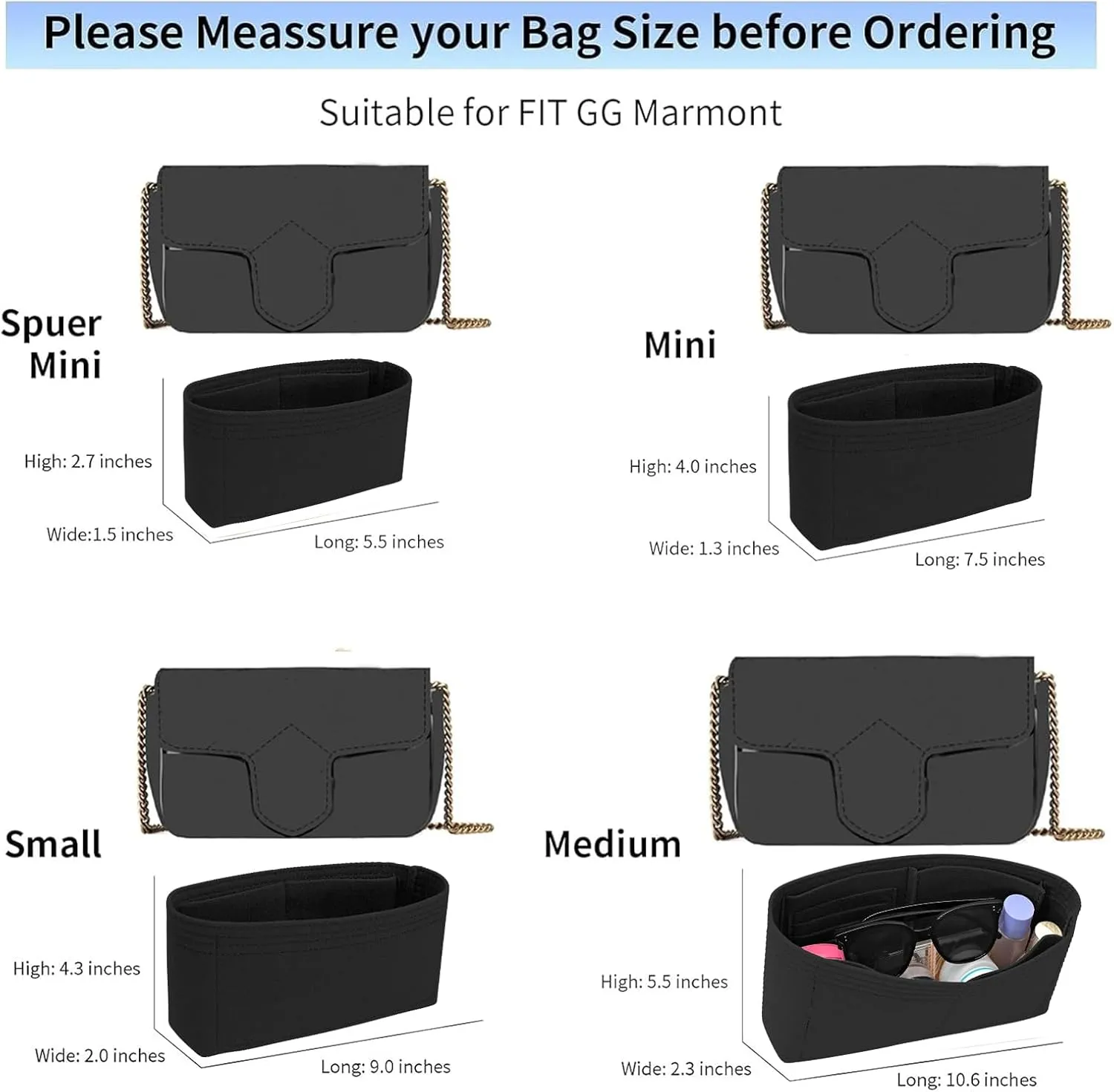 Felt Insert Purse Organizer Fit GG Marmont Matelasse Shoulder Bag, Organizer Handbag Tote Liner Pouch for Women Small Shoulder Bag (Black, Super Mini)