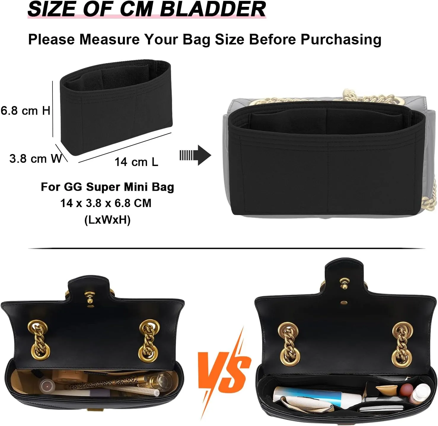 Felt Insert Purse Organizer Fit GG Marmont Matelasse Shoulder Bag, Organizer Handbag Tote Liner Pouch for Women Small Shoulder Bag (Black, Super Mini)
