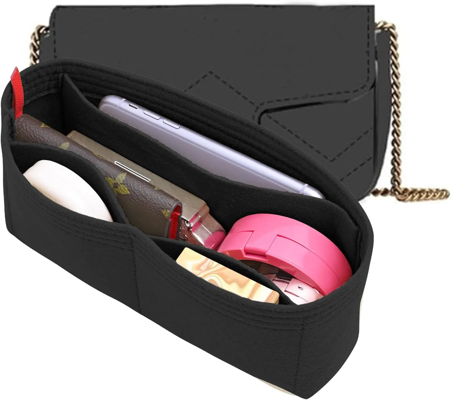 Felt Insert Purse Organizer Fit GG Marmont Matelasse Shoulder Bag, Organizer Handbag Tote Liner Pouch for Women Small Shoulder Bag (Black, Super Mini)