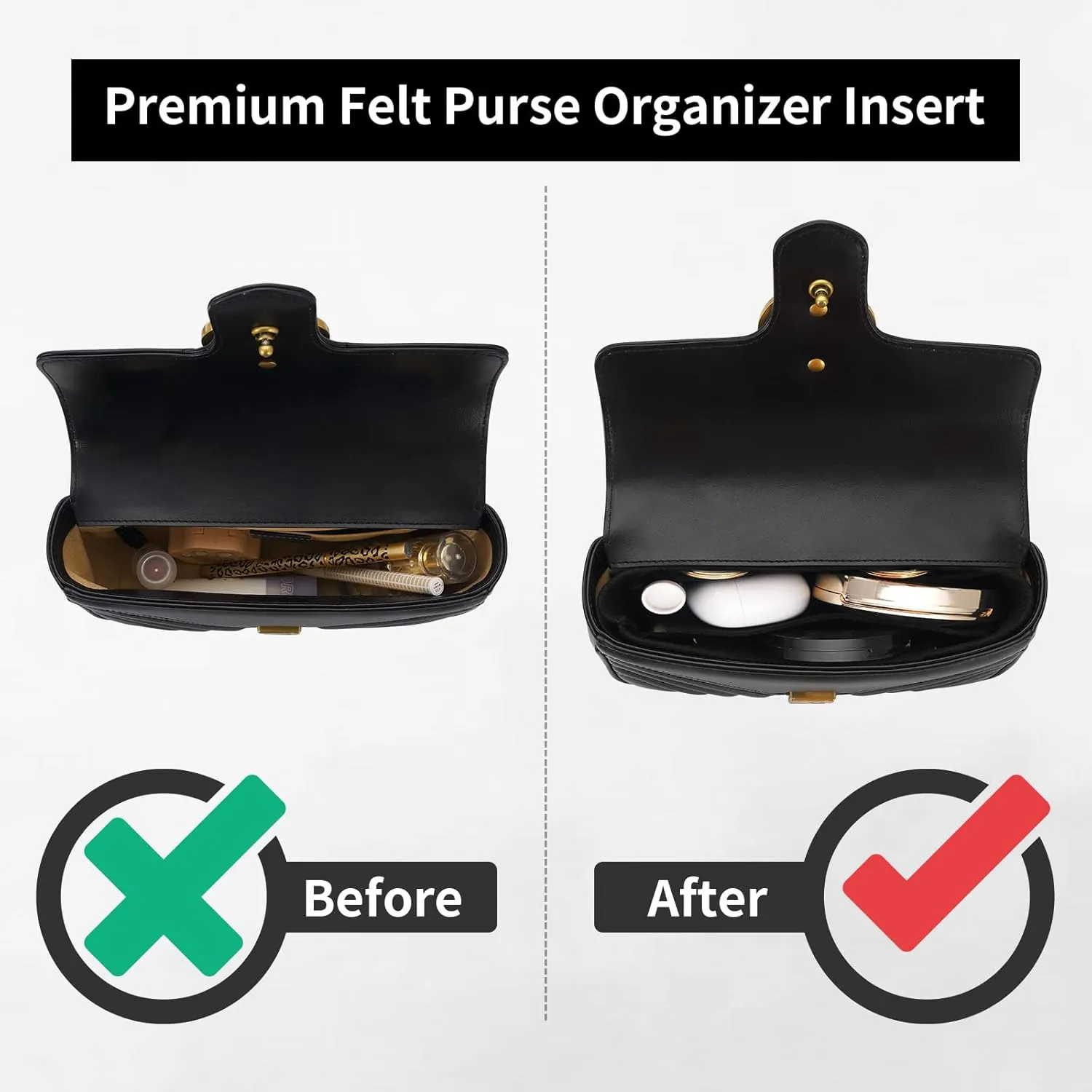 Felt Insert Purse Organizer Fit GG Marmont Matelasse Shoulder Bag, Organizer Handbag Tote Liner Pouch for Women Small Shoulder Bag (Black, Super Mini)
