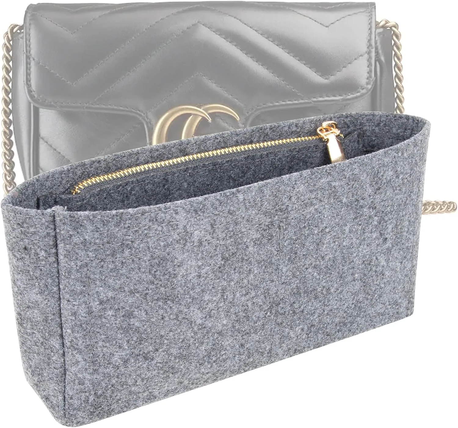 Felt Insert Purse Organizer with Zipper, Efficient Storage, Fit GG Marmont Matelasse Shoulder Bag, Organizer Handbag Tote Liner Pouch for Women Small Shoulder Bag (Medium, Grey)