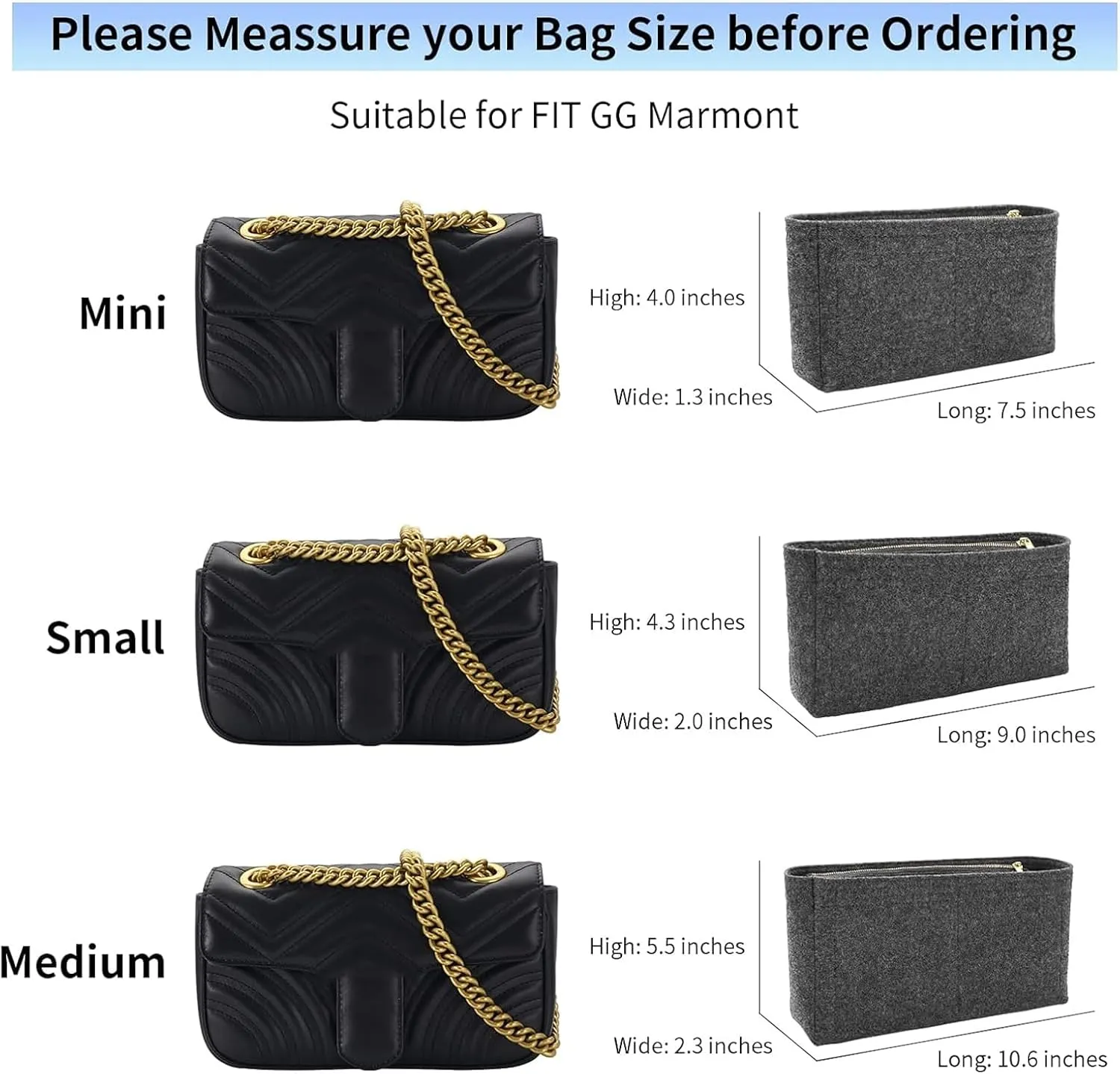 Felt Insert Purse Organizer with Zipper fit GG Marmont Matelasse Shoulder Bag, Organizer Handbag Tote Liner Pouch for Women Inner Bladder Bag Storage (Mini, Grey)