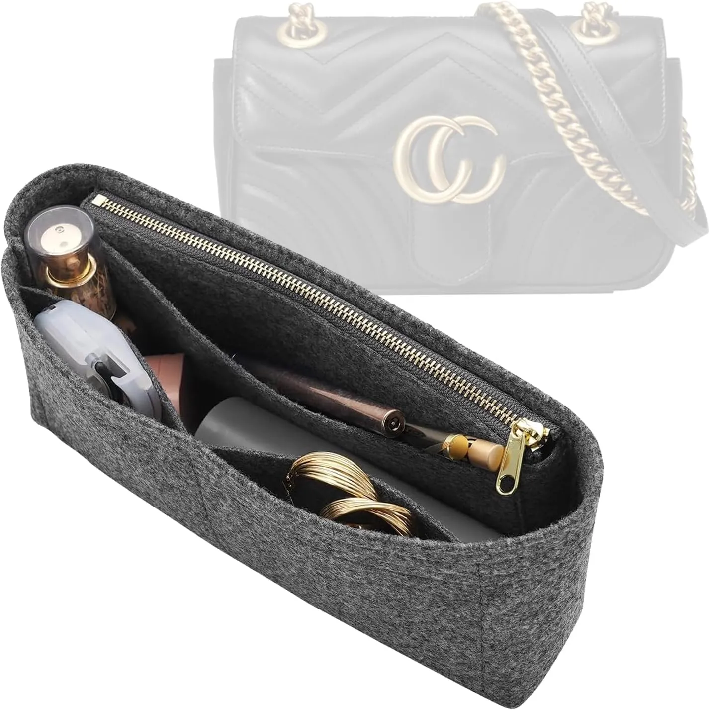 Felt Insert Purse Organizer with Zipper fit GG Marmont Matelasse Shoulder Bag, Organizer Handbag Tote Liner Pouch for Women Inner Bladder Bag Storage (Mini, Grey)