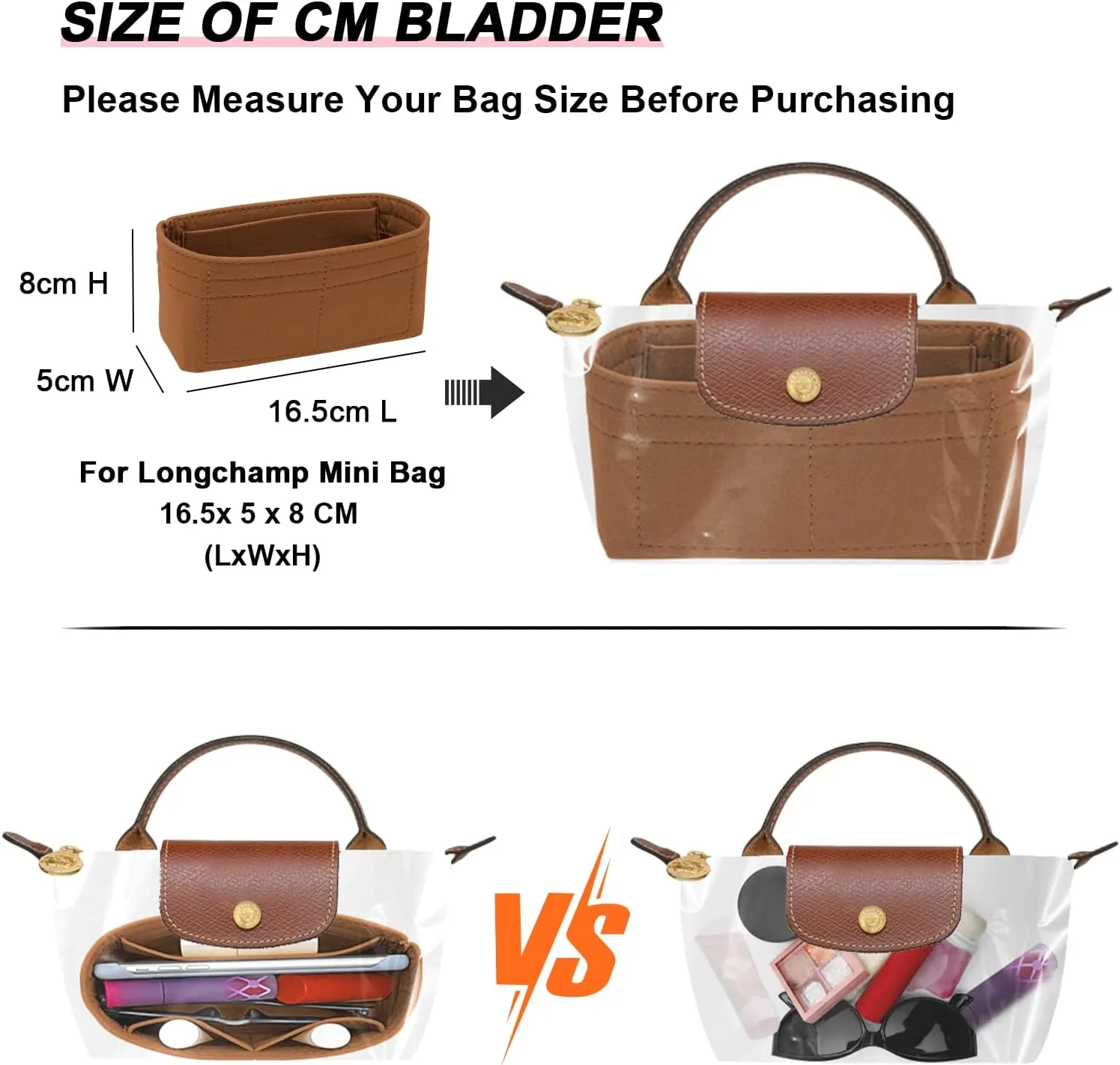 Felt Mini Organizer Insert for Longchamp mini XS Bag,Purse Organizer Insert For Handbag (Brown)
