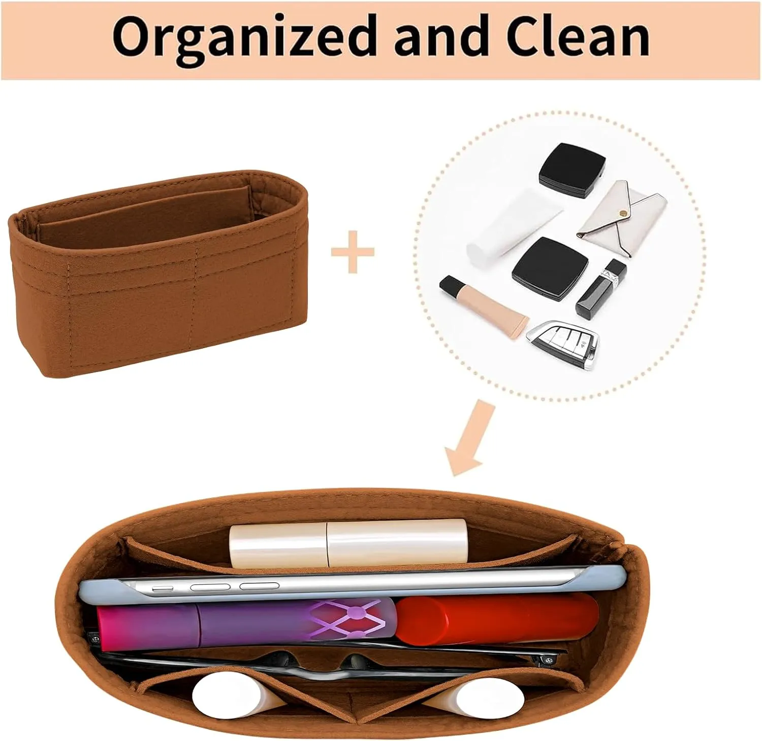 Felt Mini Organizer Insert for Longchamp mini XS Bag,Purse Organizer Insert For Handbag (Brown)