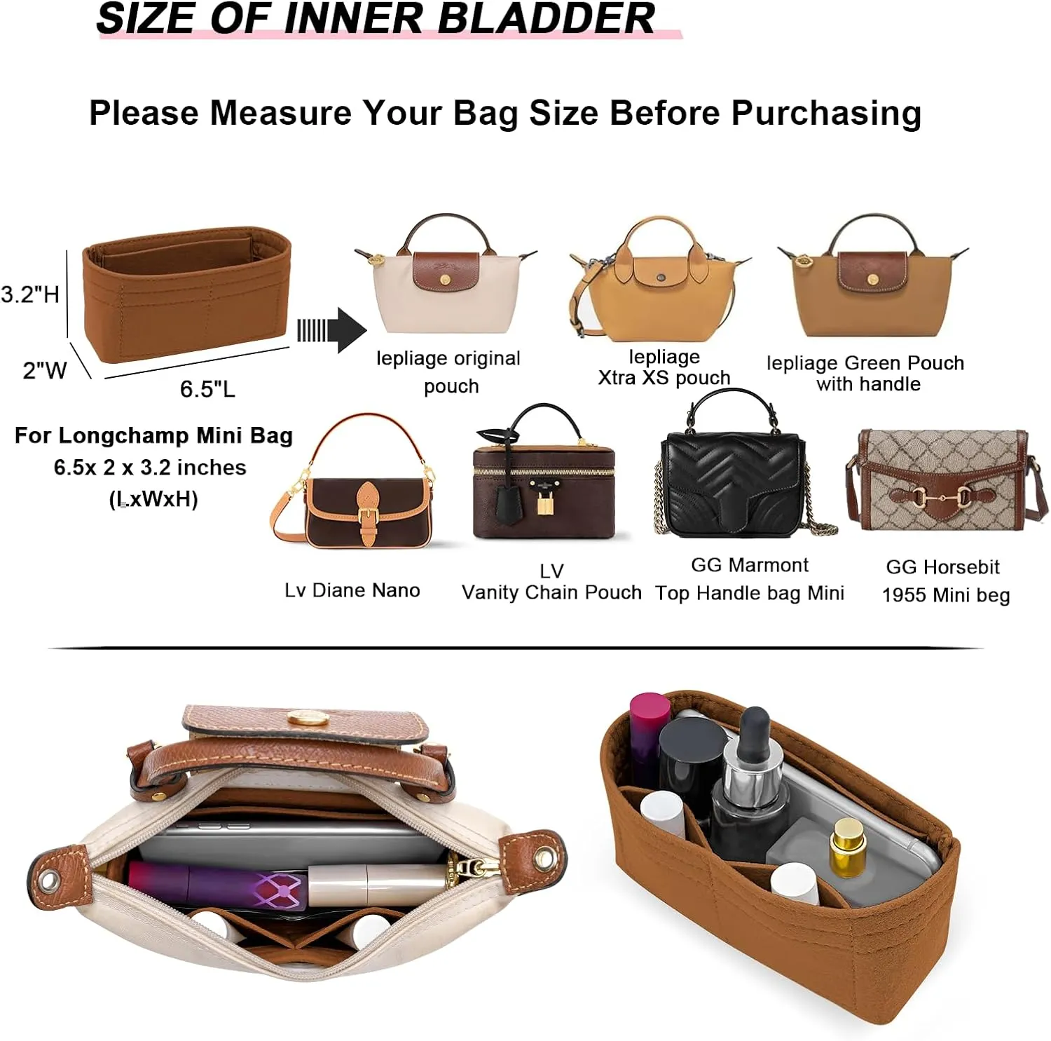 Felt Mini Organizer Insert for Longchamp mini XS Bag,Purse Organizer Insert For Handbag (Brown)