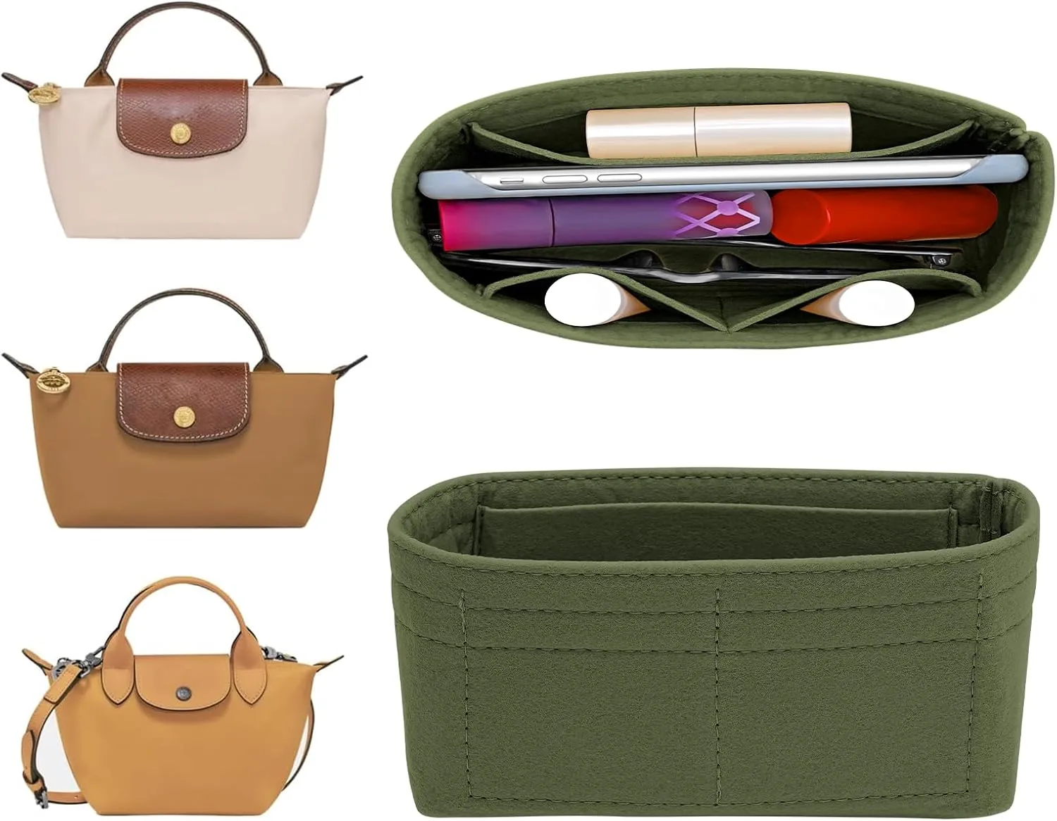 Felt Mini Organizer Insert for Longchamp mini XS Bag,Purse Organizer Insert For Handbag (Green)