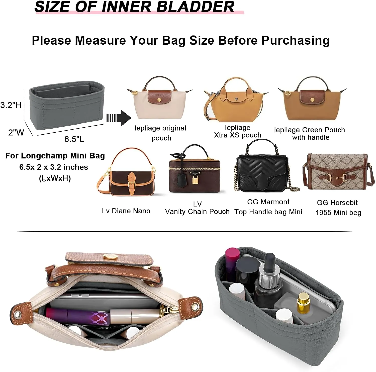 Felt Mini Organizer Insert for Longchamp mini XS Bag,Purse Organizer Insert For Handbag (LightGrey)