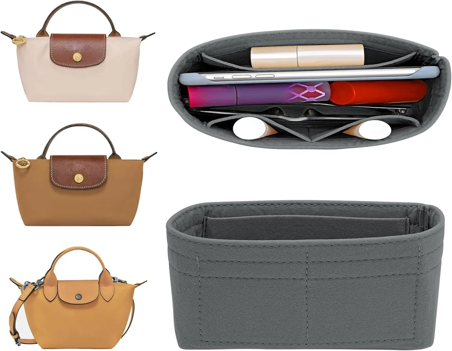 Felt Mini Organizer Insert for Longchamp mini XS Bag,Purse Organizer Insert For Handbag (LightGrey)