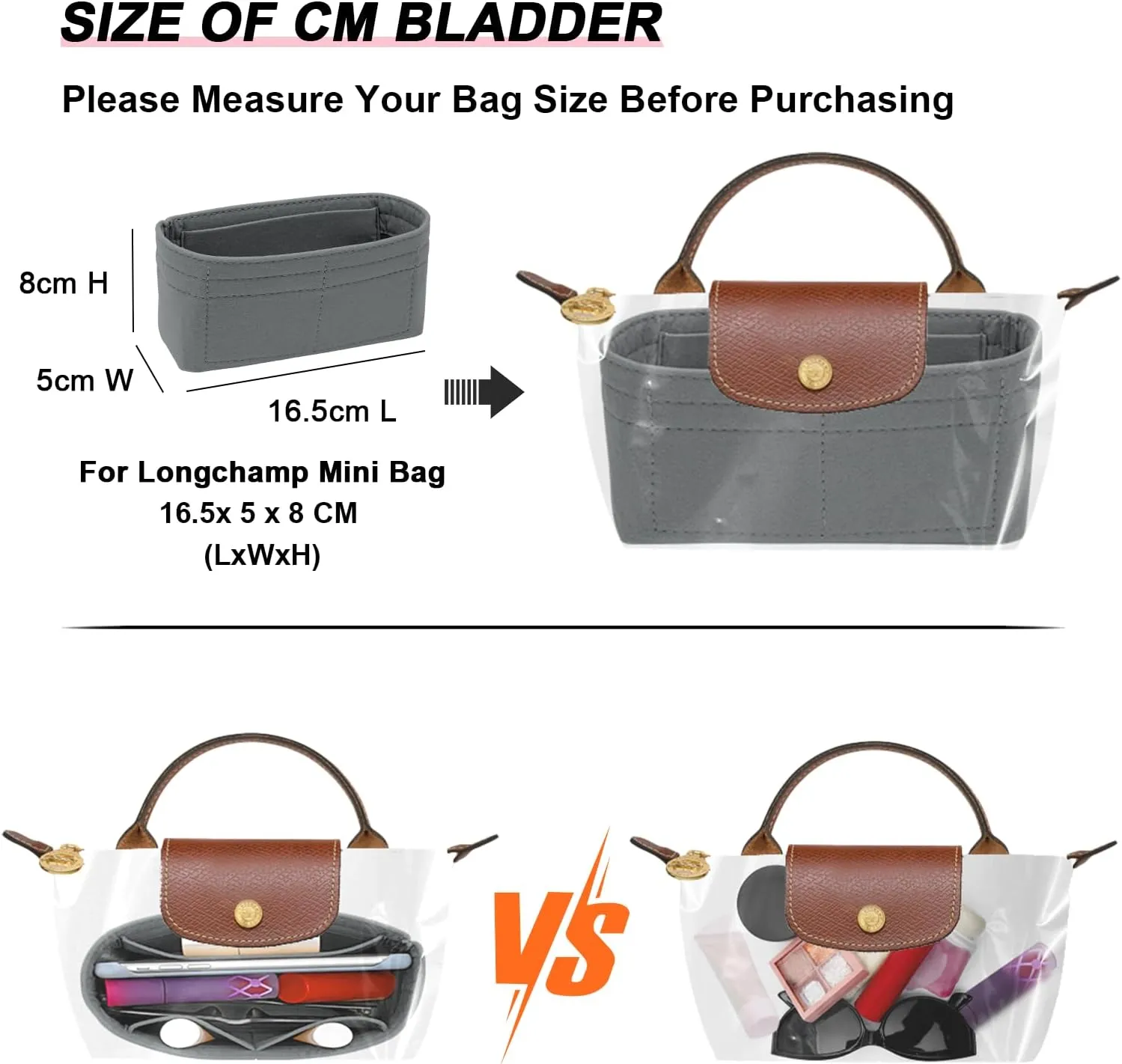 Felt Mini Organizer Insert for Longchamp mini XS Bag,Purse Organizer Insert For Handbag (LightGrey)