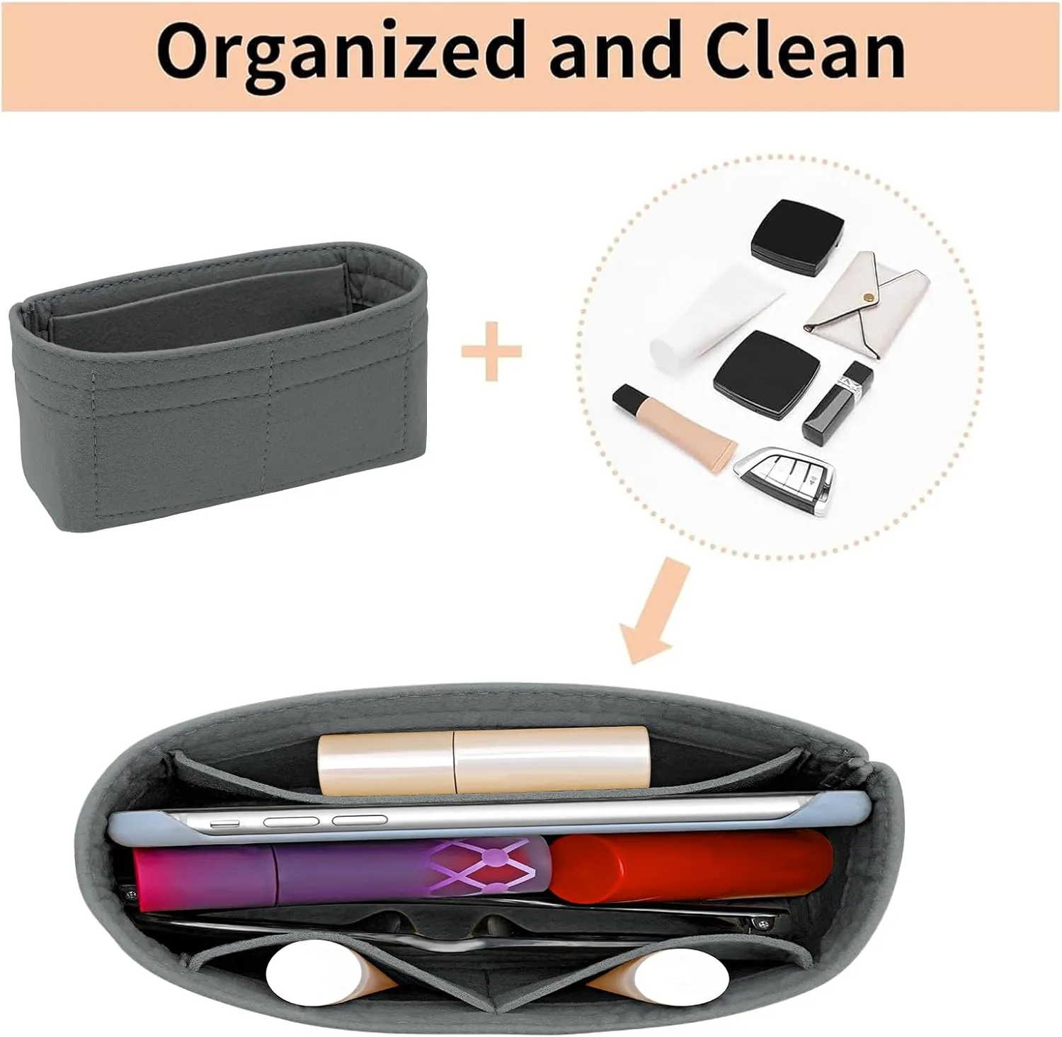 Felt Mini Organizer Insert for Longchamp mini XS Bag,Purse Organizer Insert For Handbag (LightGrey)