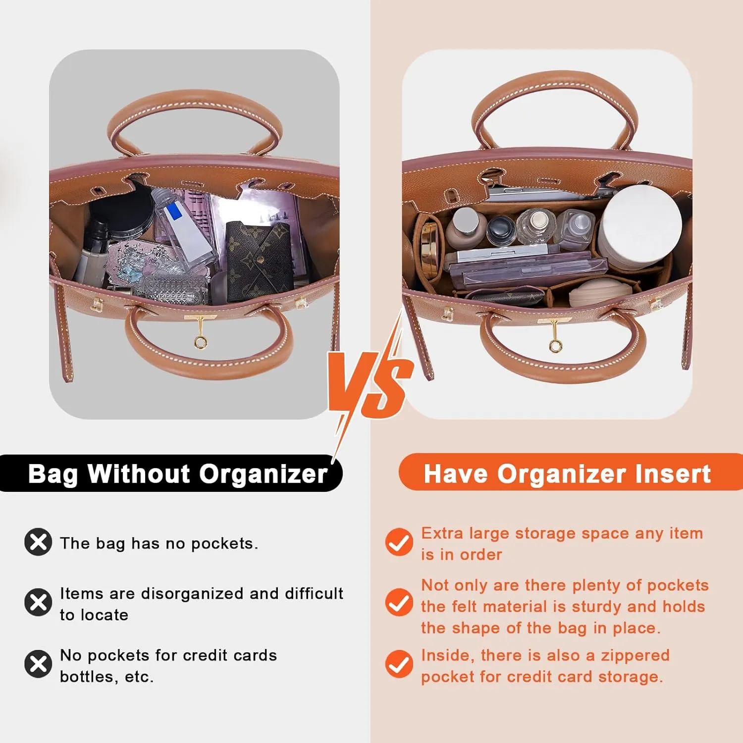 Felt Purse Organizer insert for birkin 25 bag organizer Handbag Insert (EarthColor, BK25)