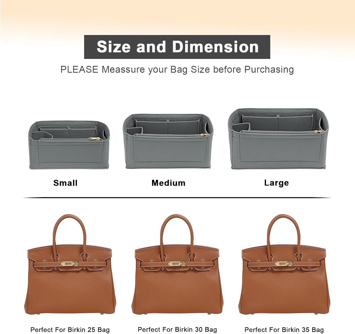 Felt Purse Organizer insert for birkin 35 bag organizer Handbag Insert (LightGrey, BK35)