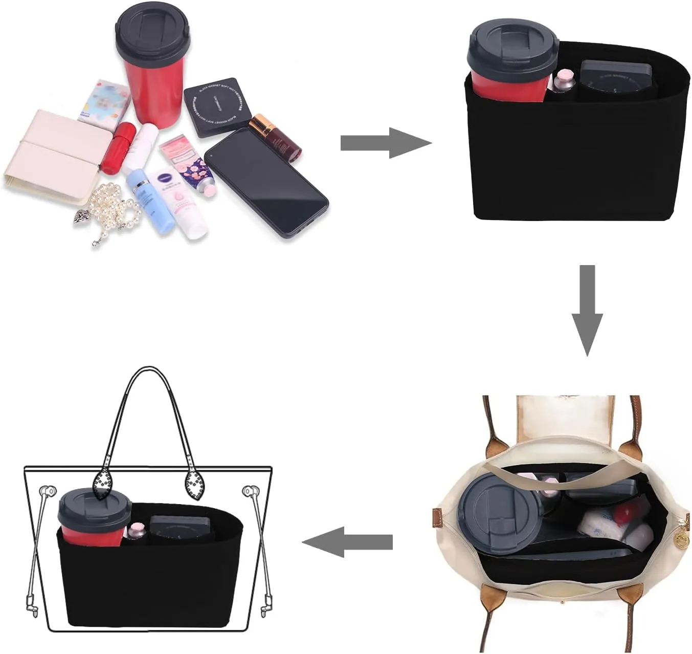Felt Purse Organizer Insert for Longchamp Le Pliage, Handbag Insert with Multi-Pockets Fits Speedy, Neverfull and More